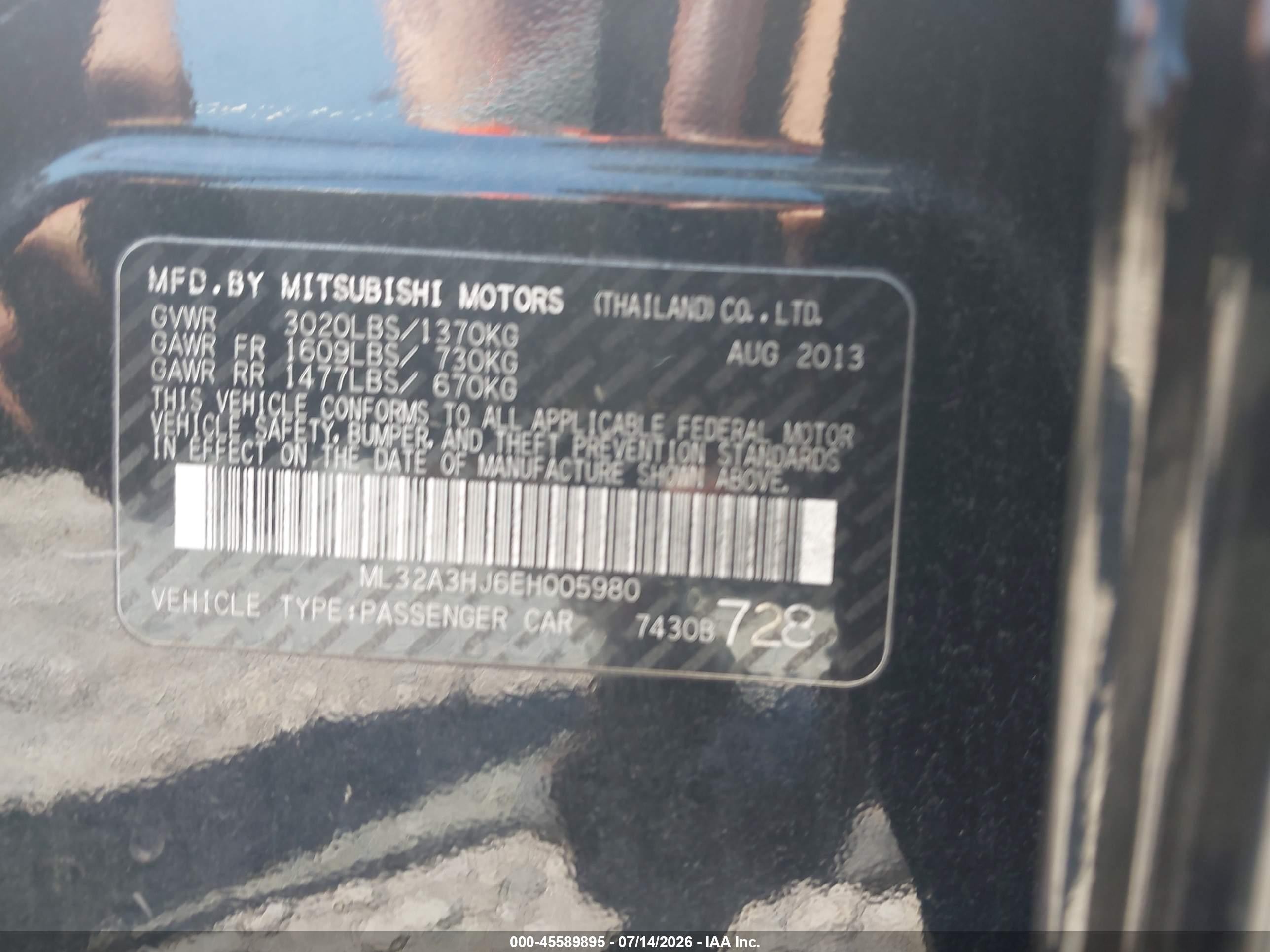 2014 Mitsubishi Mirage De Black vin: ML32A3HJ6EH005980