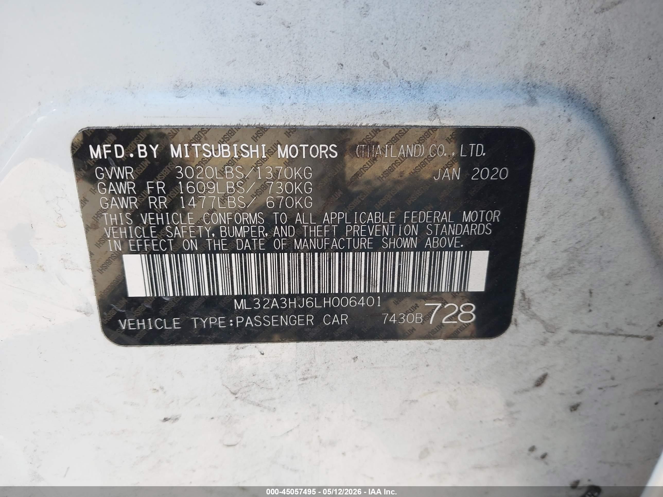 2020 Mitsubishi Mirage Es/se White vin: ML32A3HJ6LH006401