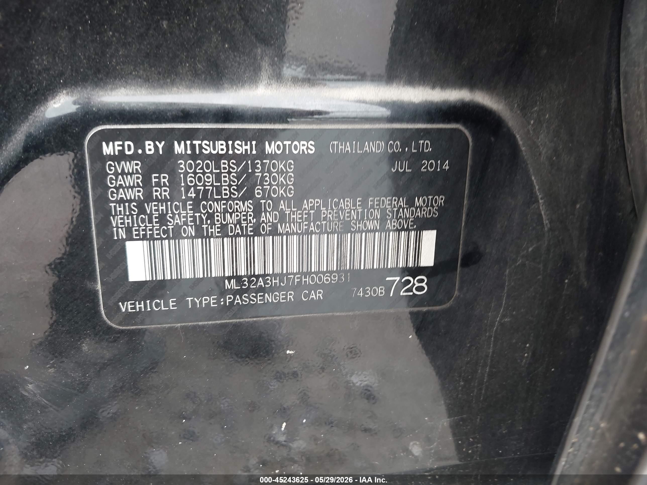 2015 Mitsubishi Mirage De Black vin: ML32A3HJ7FH006931