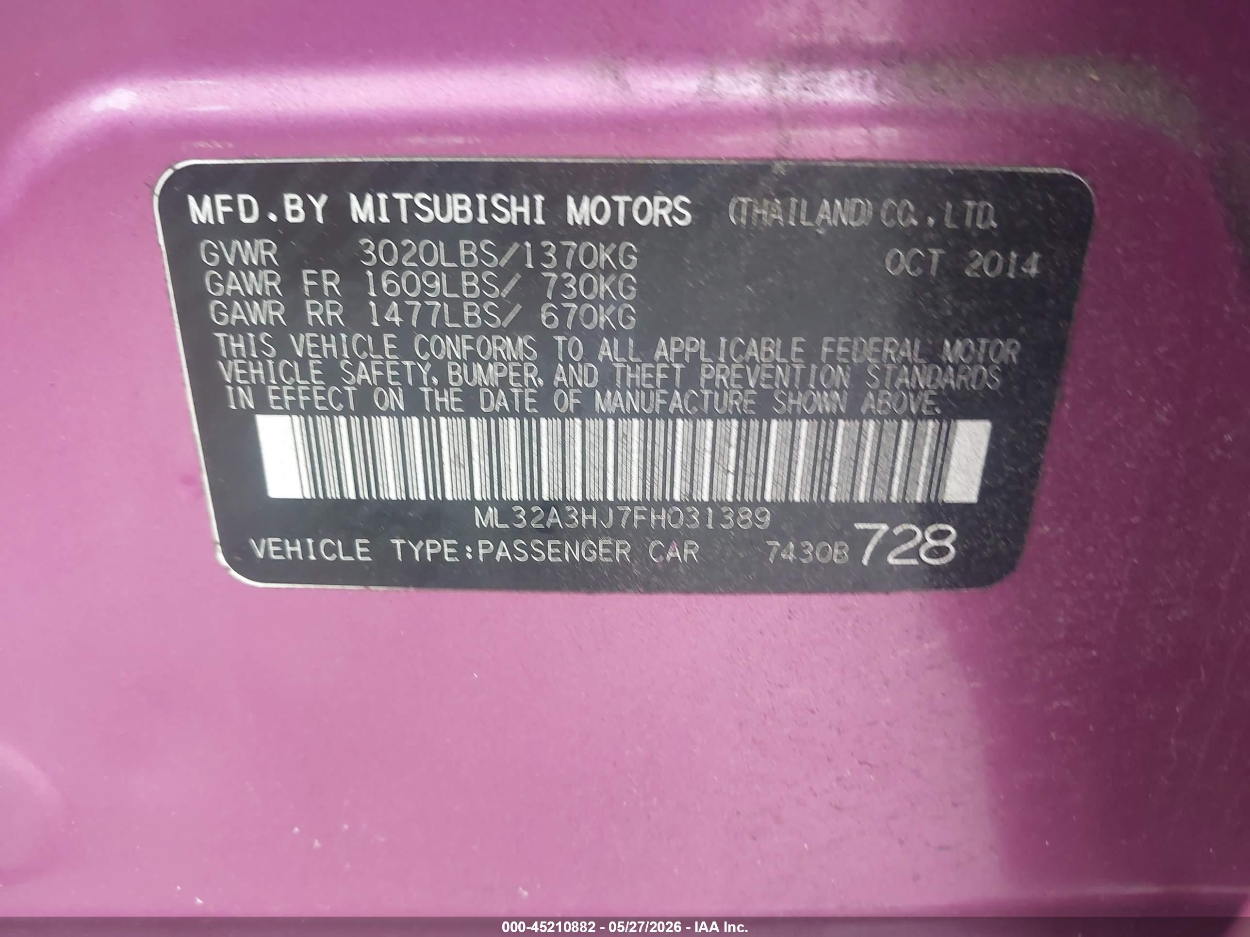 2015 Mitsubishi Mirage De Pink vin: ML32A3HJ7FH031389