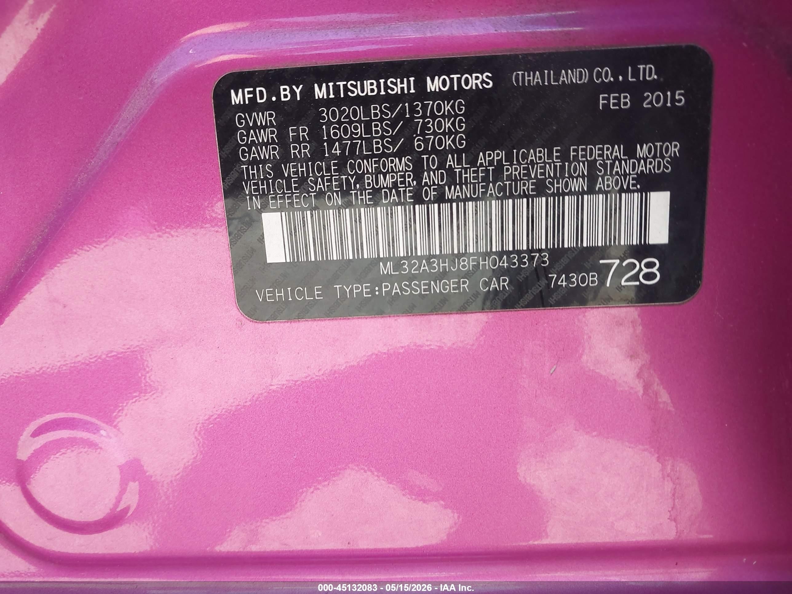 2015 Mitsubishi Mirage De Pink vin: ML32A3HJ8FH043373