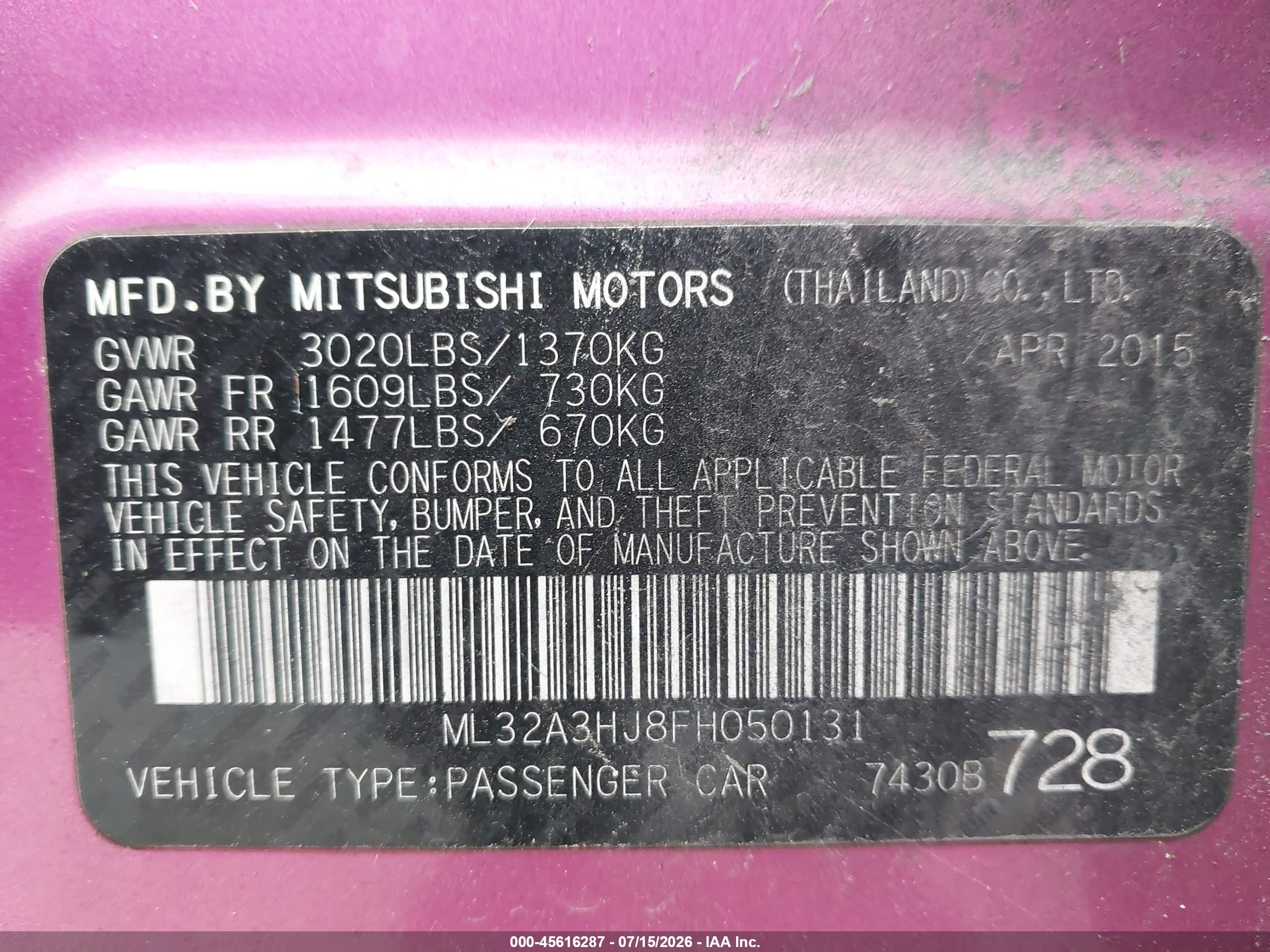 2015 Mitsubishi Mirage De Pink vin: ML32A3HJ8FH050131