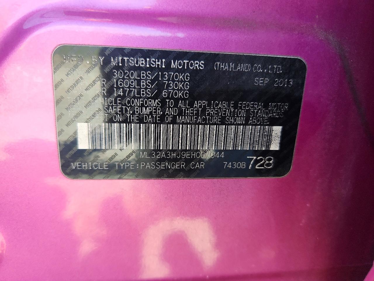 2014 Mitsubishi Mirage De Розовый vin: ML32A3HJ9EH007044