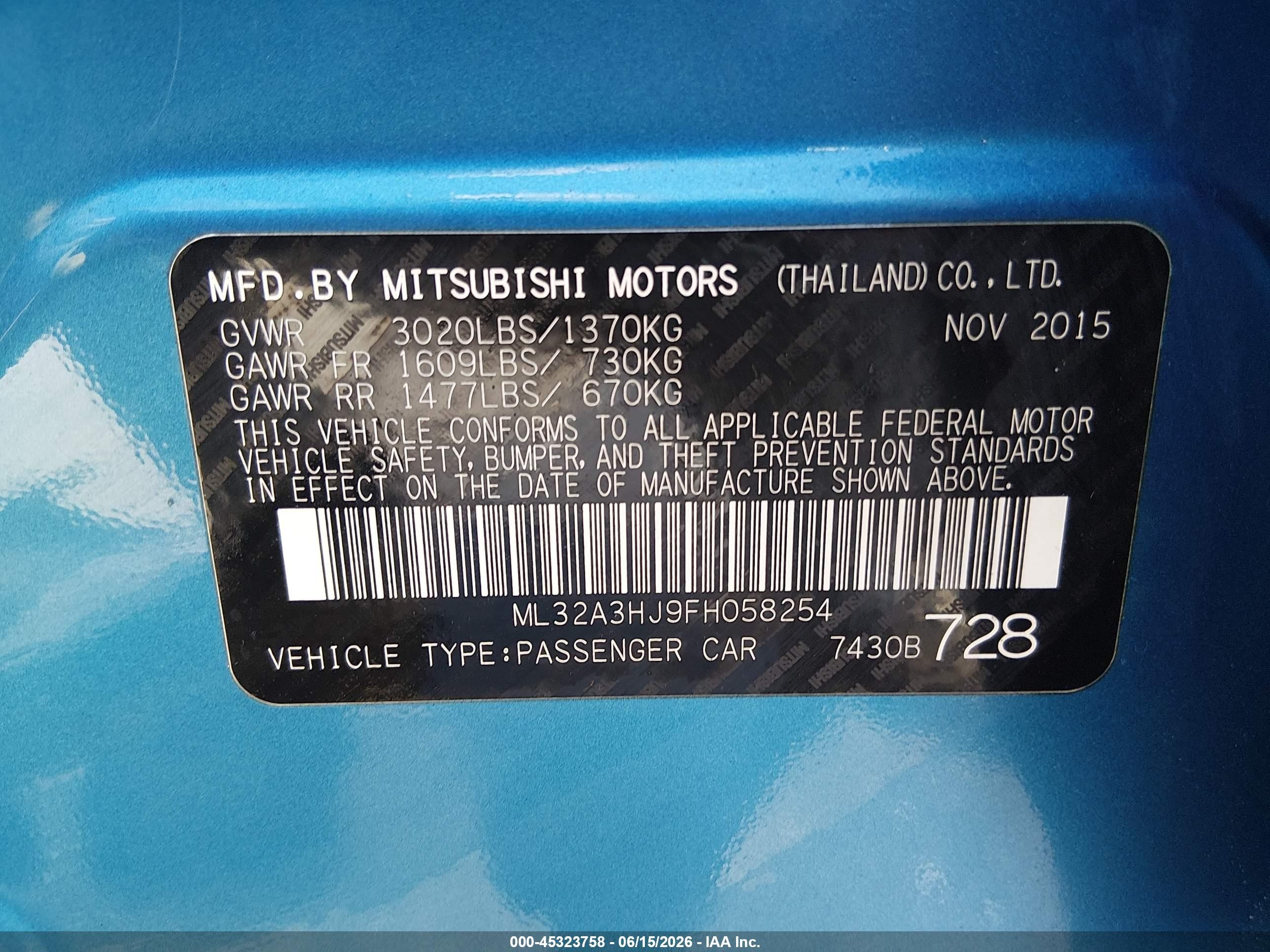 2015 Mitsubishi Mirage De Синий vin: ML32A3HJ9FH058254