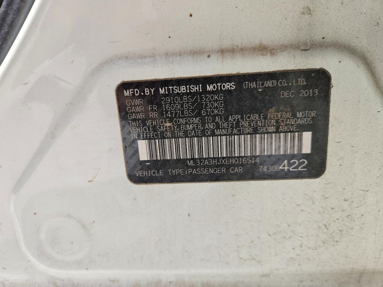 2014 Mitsubishi Mirage White vin: ML32A3HJXEH016514