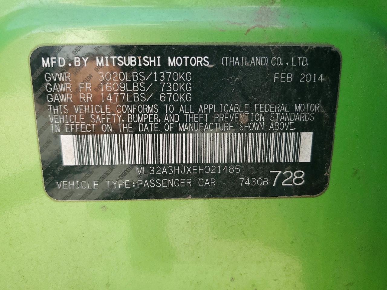 2014 Mitsubishi Mirage De Green vin: ML32A3HJXEH021485