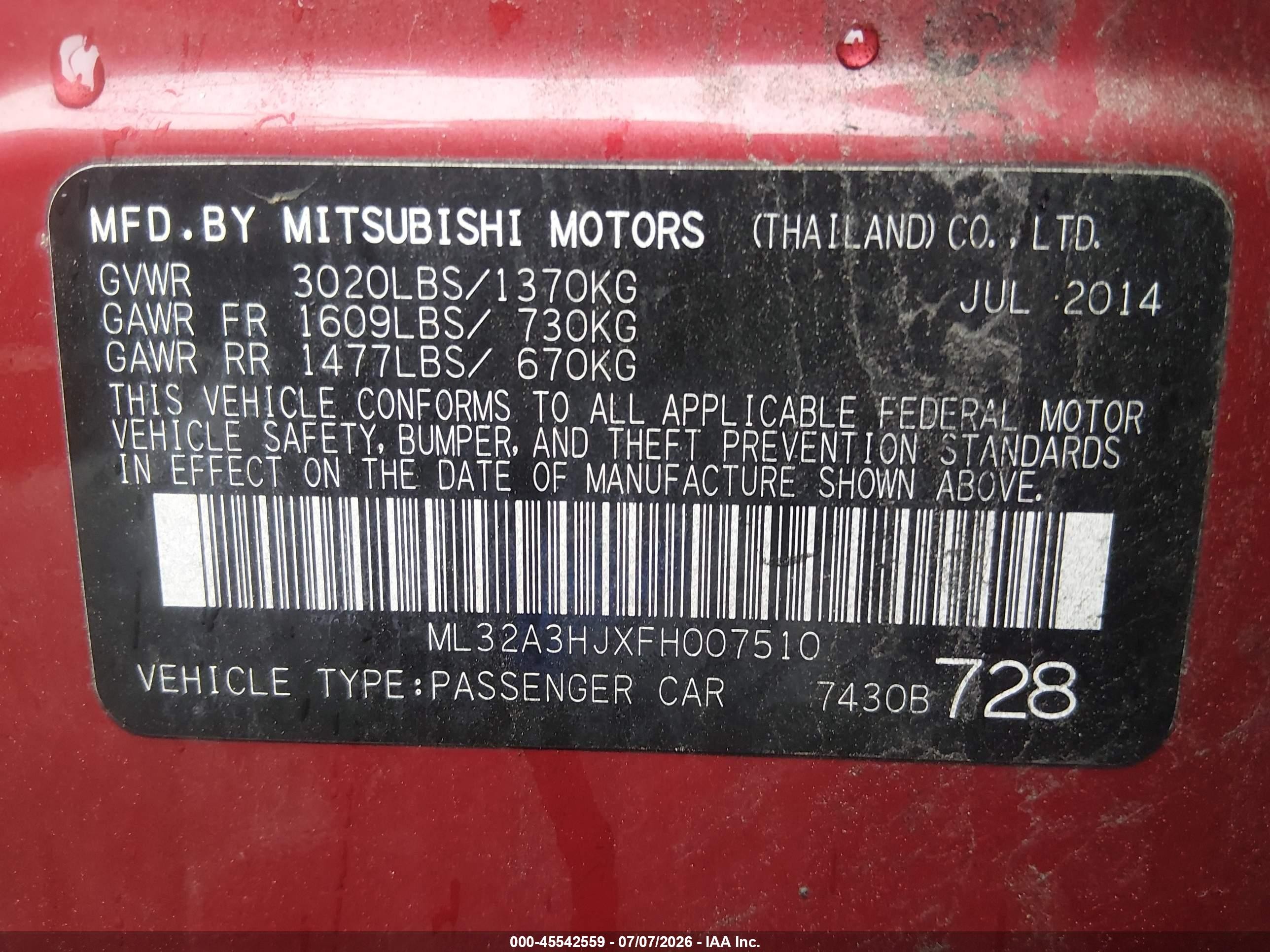 2015 Mitsubishi Mirage De Red vin: ML32A3HJXFH007510