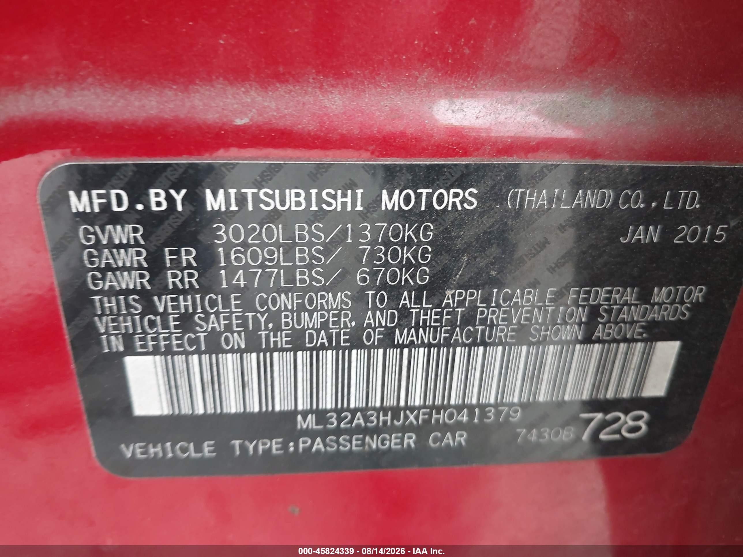 2015 Mitsubishi Mirage De Red vin: ML32A3HJXFH041379