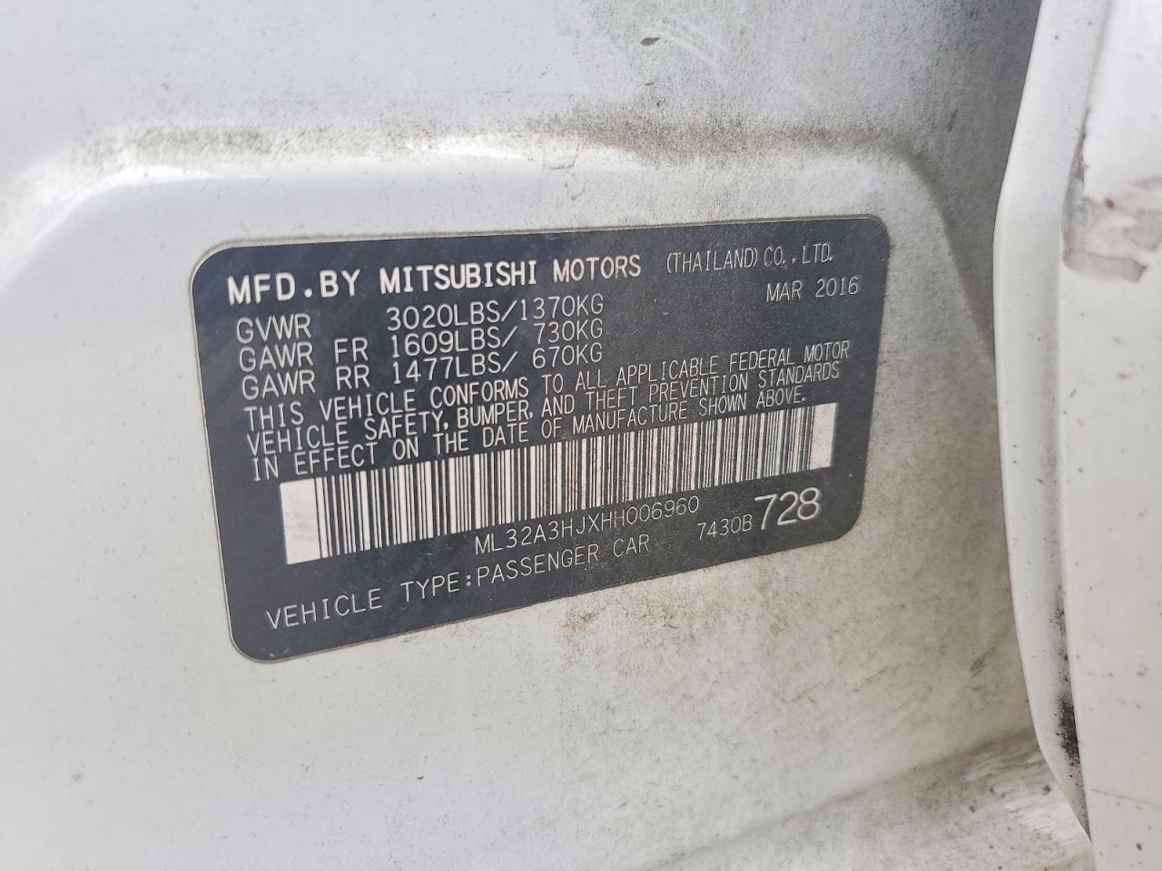 2017 Mitsubishi Mirage Es White vin: ML32A3HJXHH006960