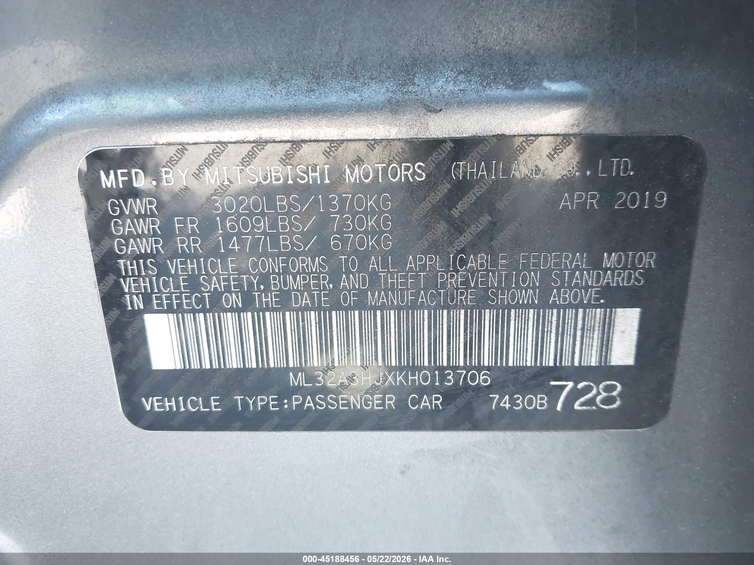 2019 Mitsubishi Mirage Es/rf Серый vin: ML32A3HJXKH013706