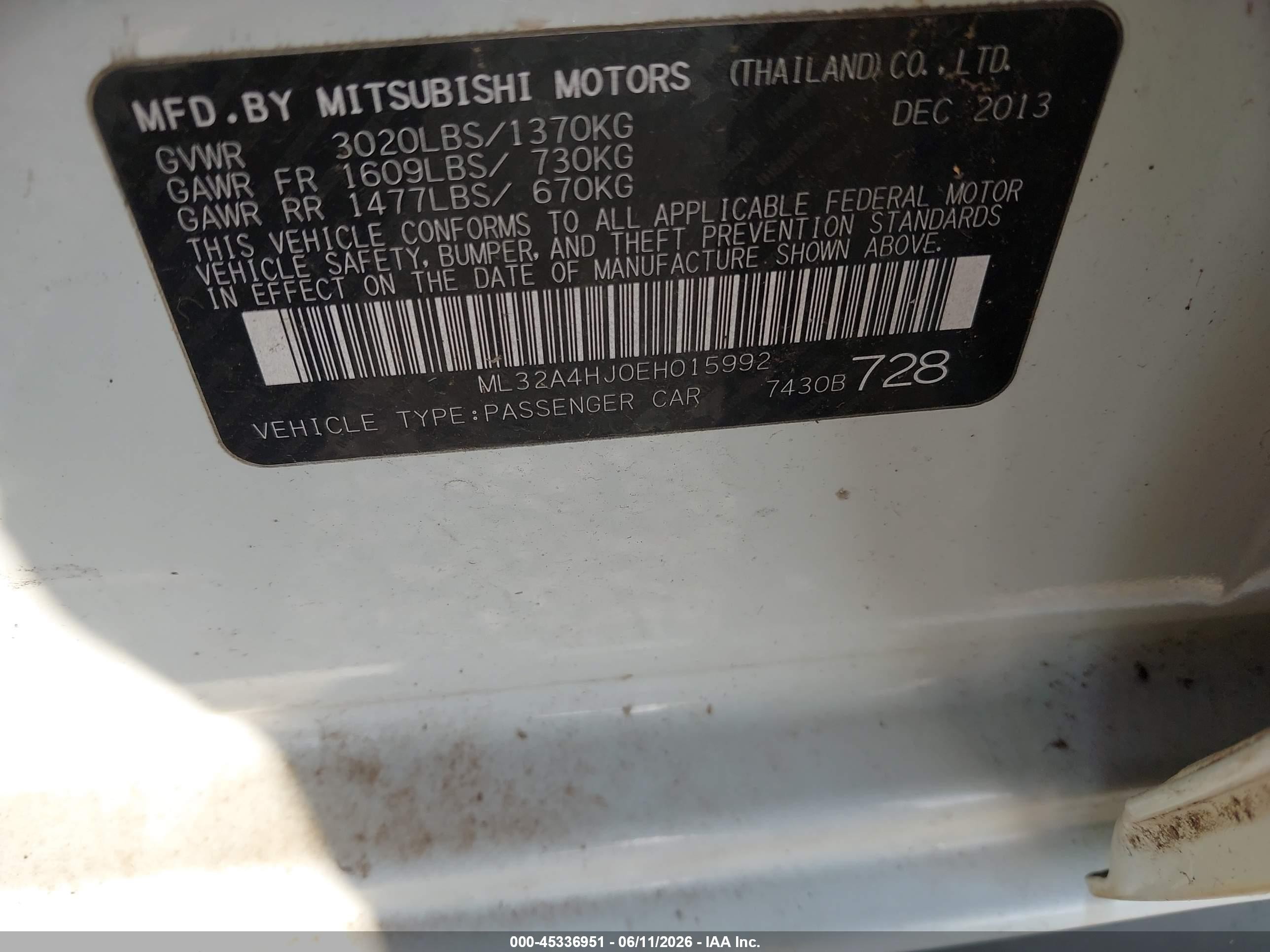 2014 Mitsubishi Mirage Es White vin: ML32A4HJ0EH015992