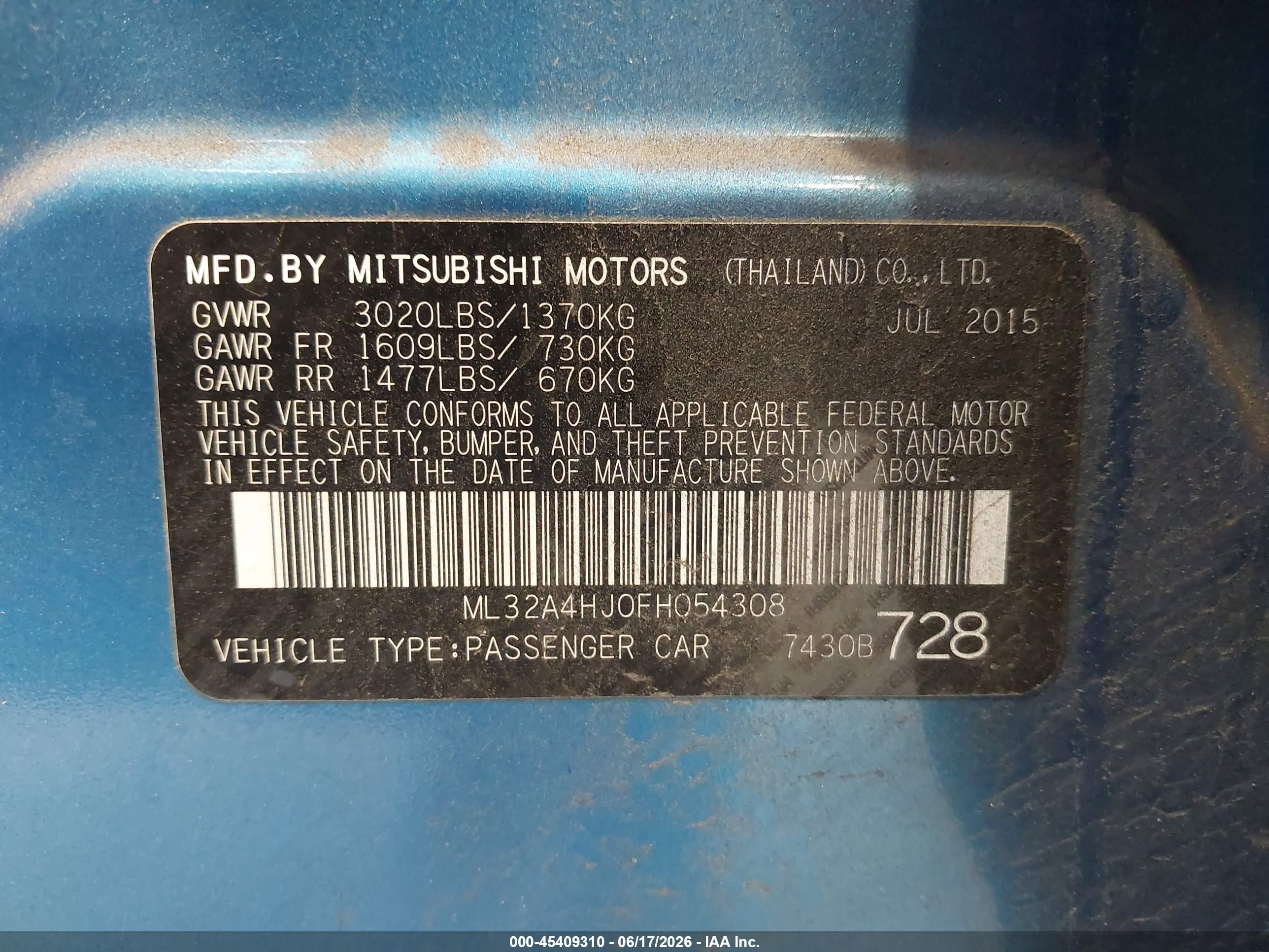 2015 Mitsubishi Mirage Es Blue vin: ML32A4HJ0FH054308