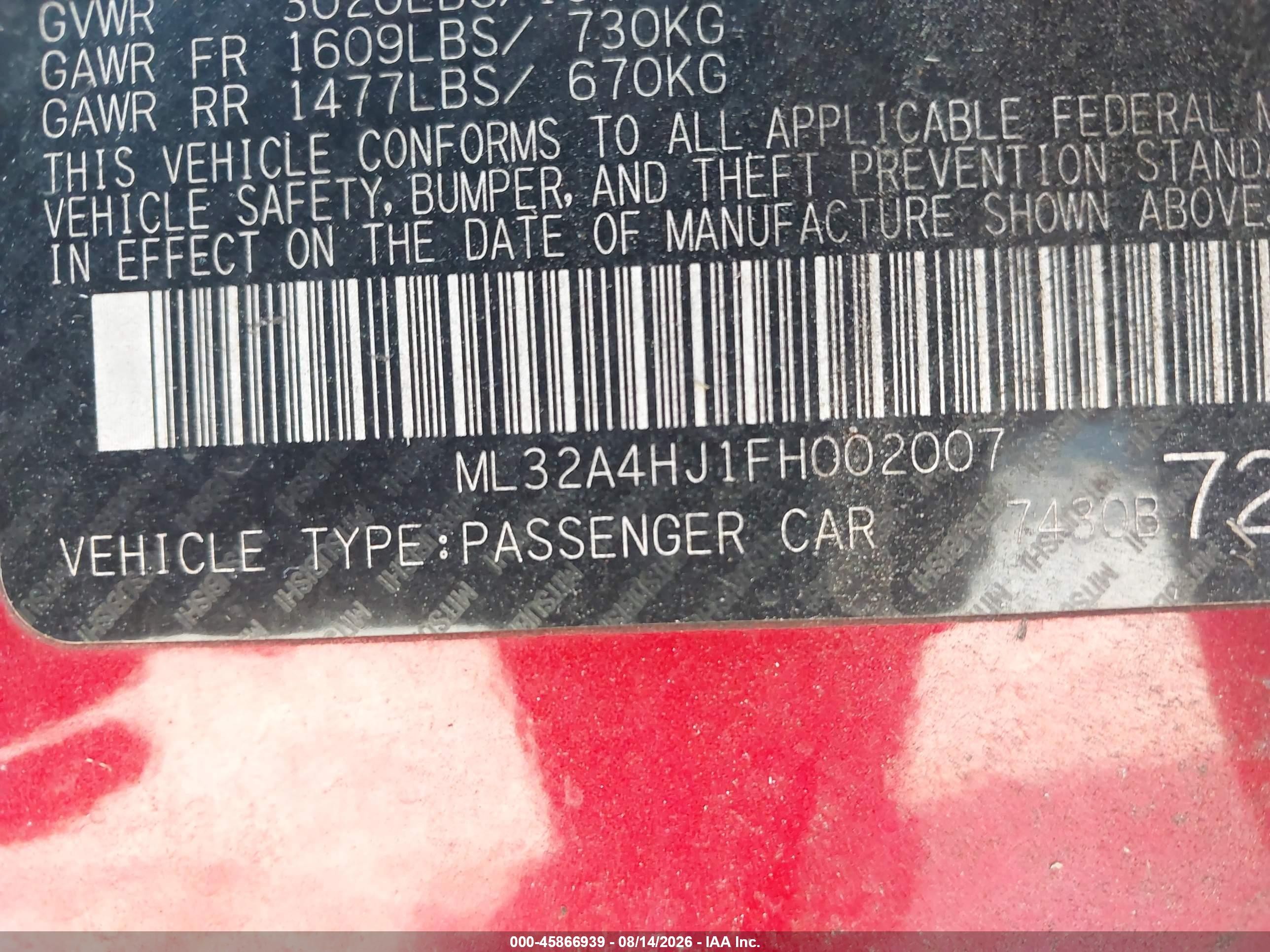 2015 Mitsubishi Mirage Es/rf Red vin: ML32A4HJ1FH002007