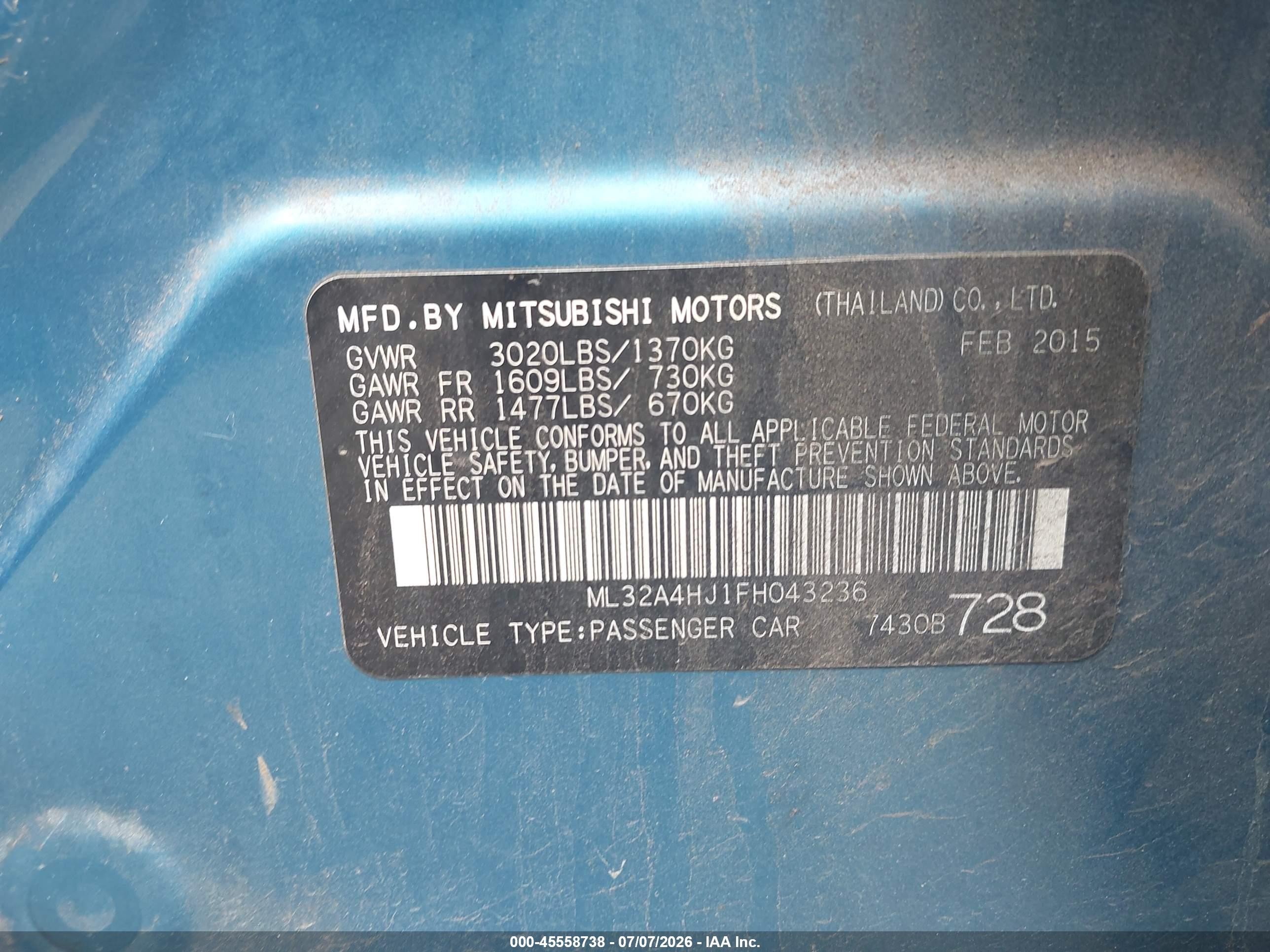 2015 Mitsubishi Mirage Es/rf Blue vin: ML32A4HJ1FH043236