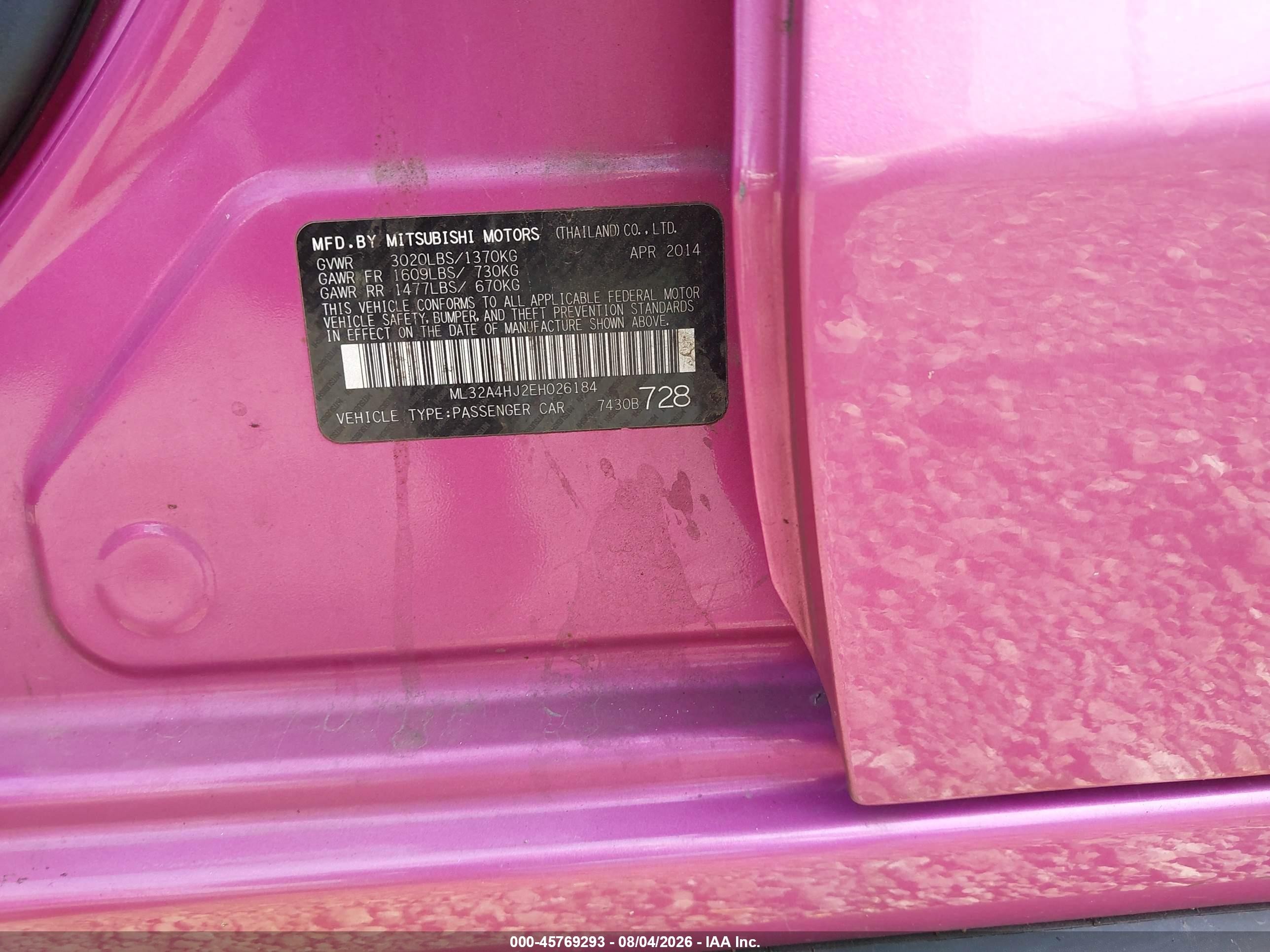 2014 Mitsubishi Mirage Es Pink vin: ML32A4HJ2EH026184