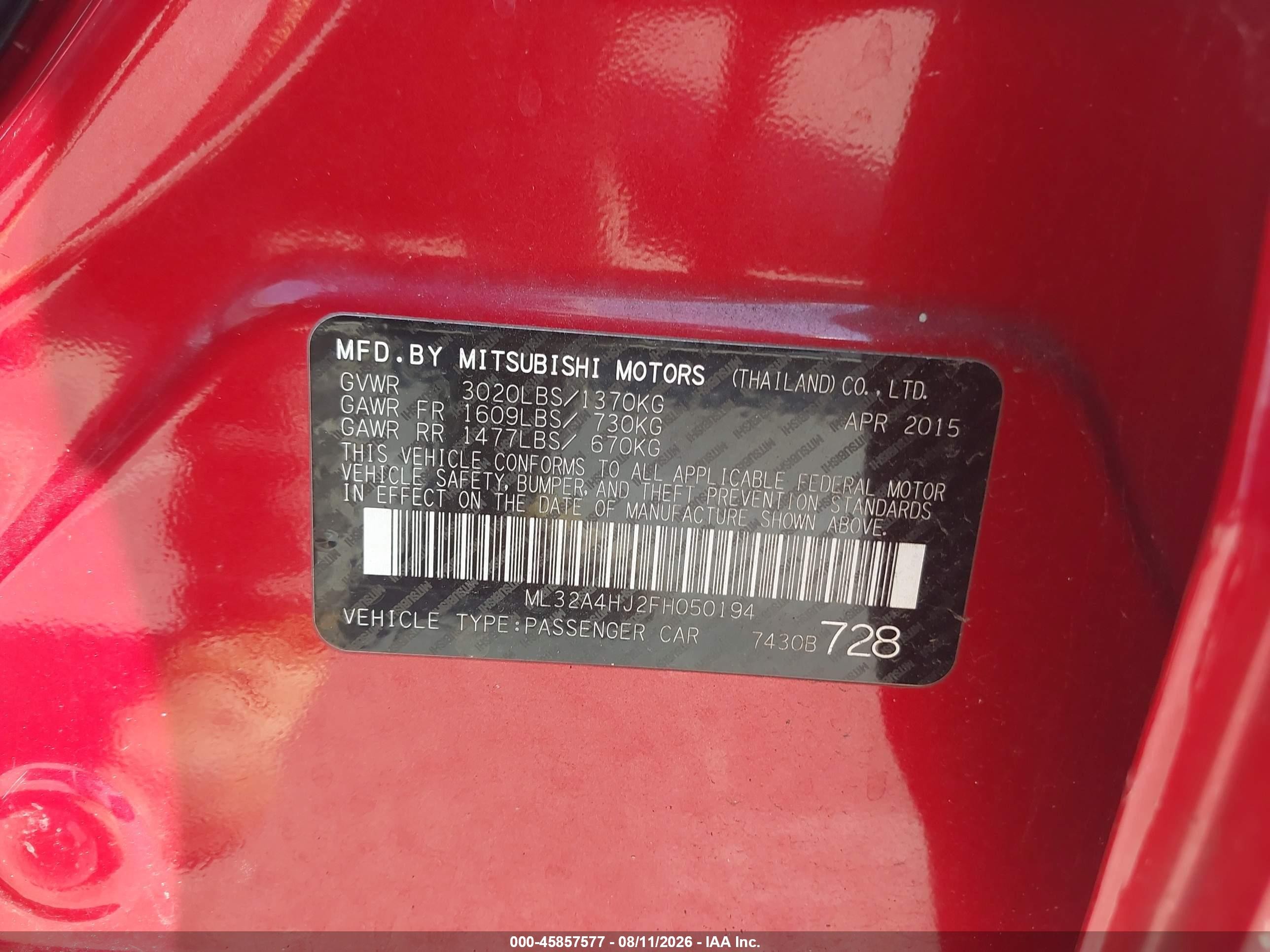 2015 Mitsubishi Mirage Es Burgundy vin: ML32A4HJ2FH050194