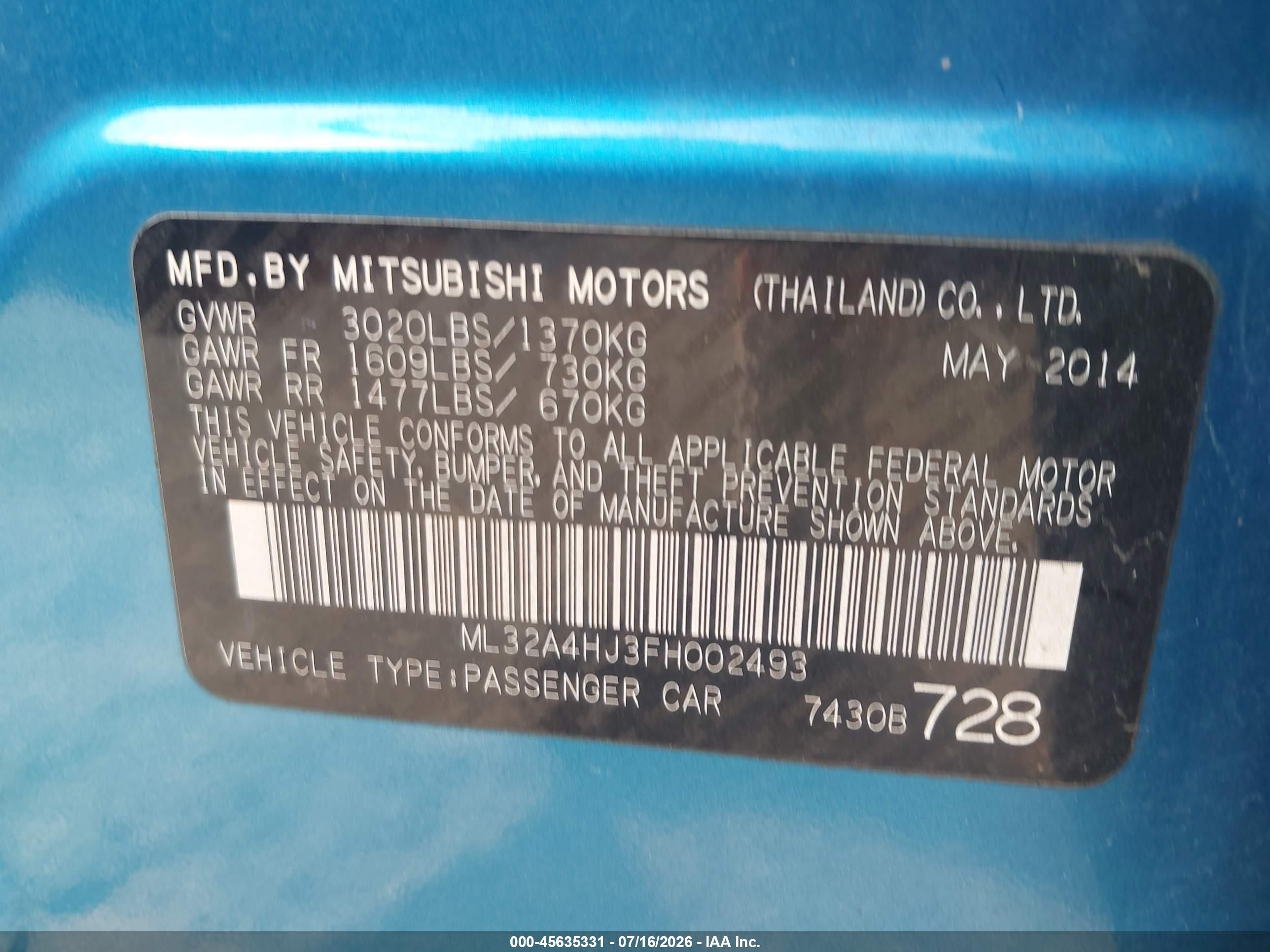 2015 Mitsubishi Mirage Es/rf Blue vin: ML32A4HJ3FH002493
