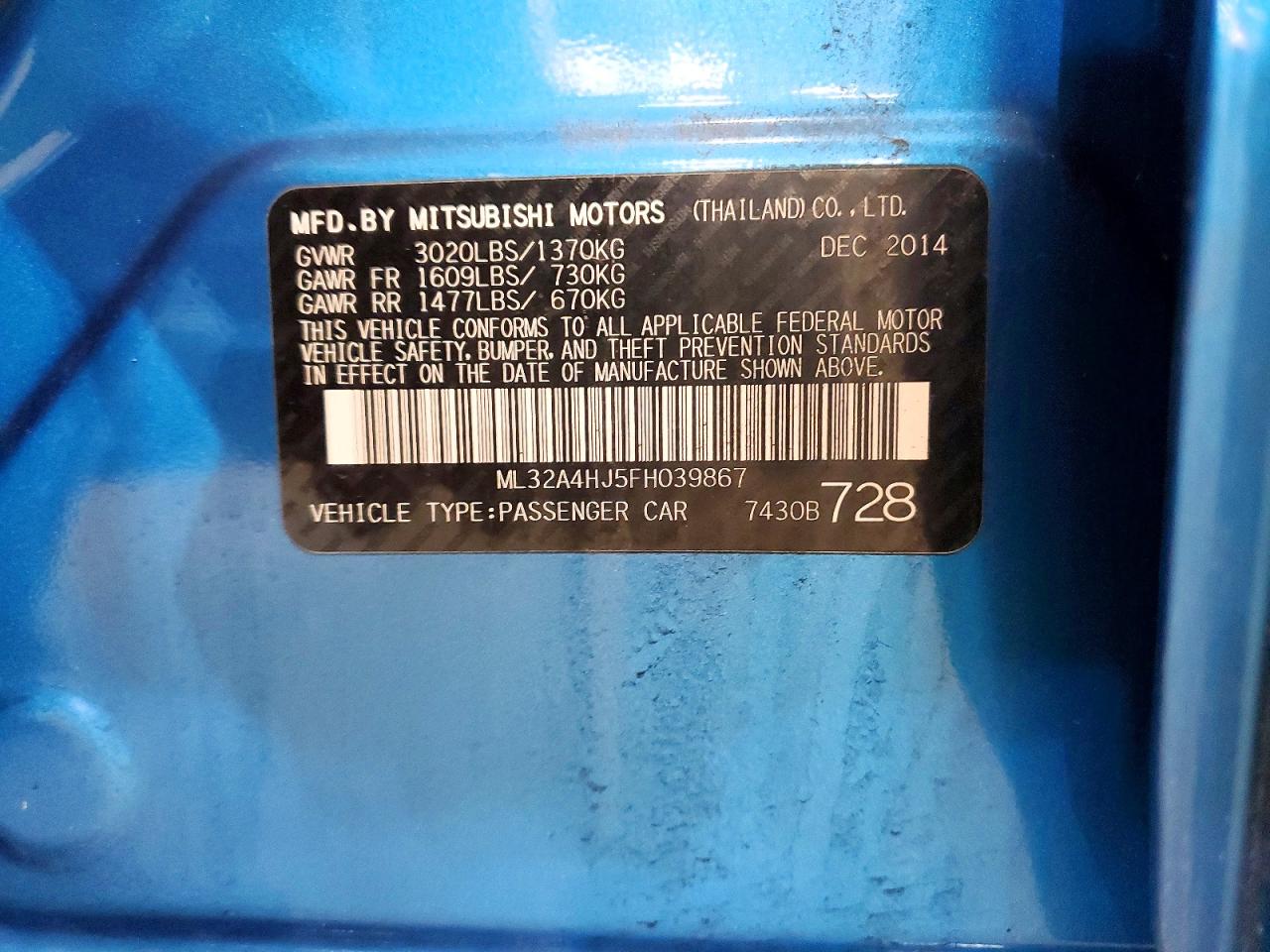 2015 Mitsubishi Mirage Es Blue vin: ML32A4HJ5FH039867