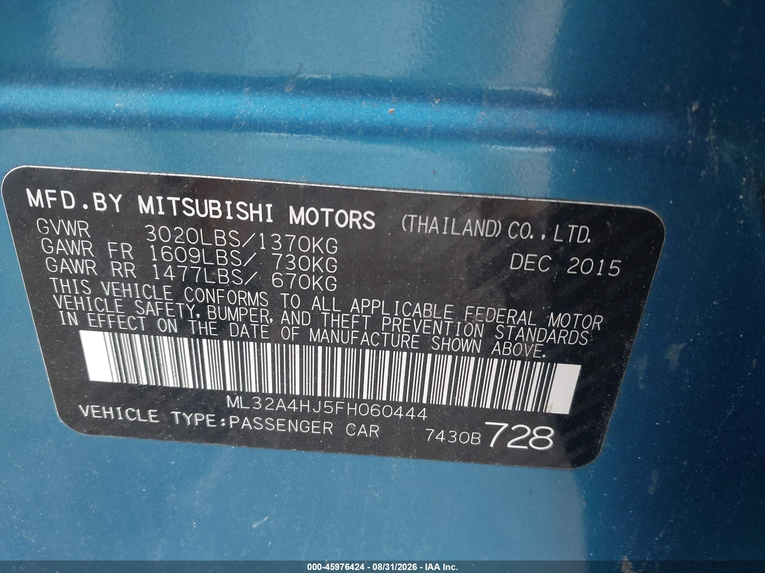 2015 Mitsubishi Mirage Es Blue vin: ML32A4HJ5FH060444