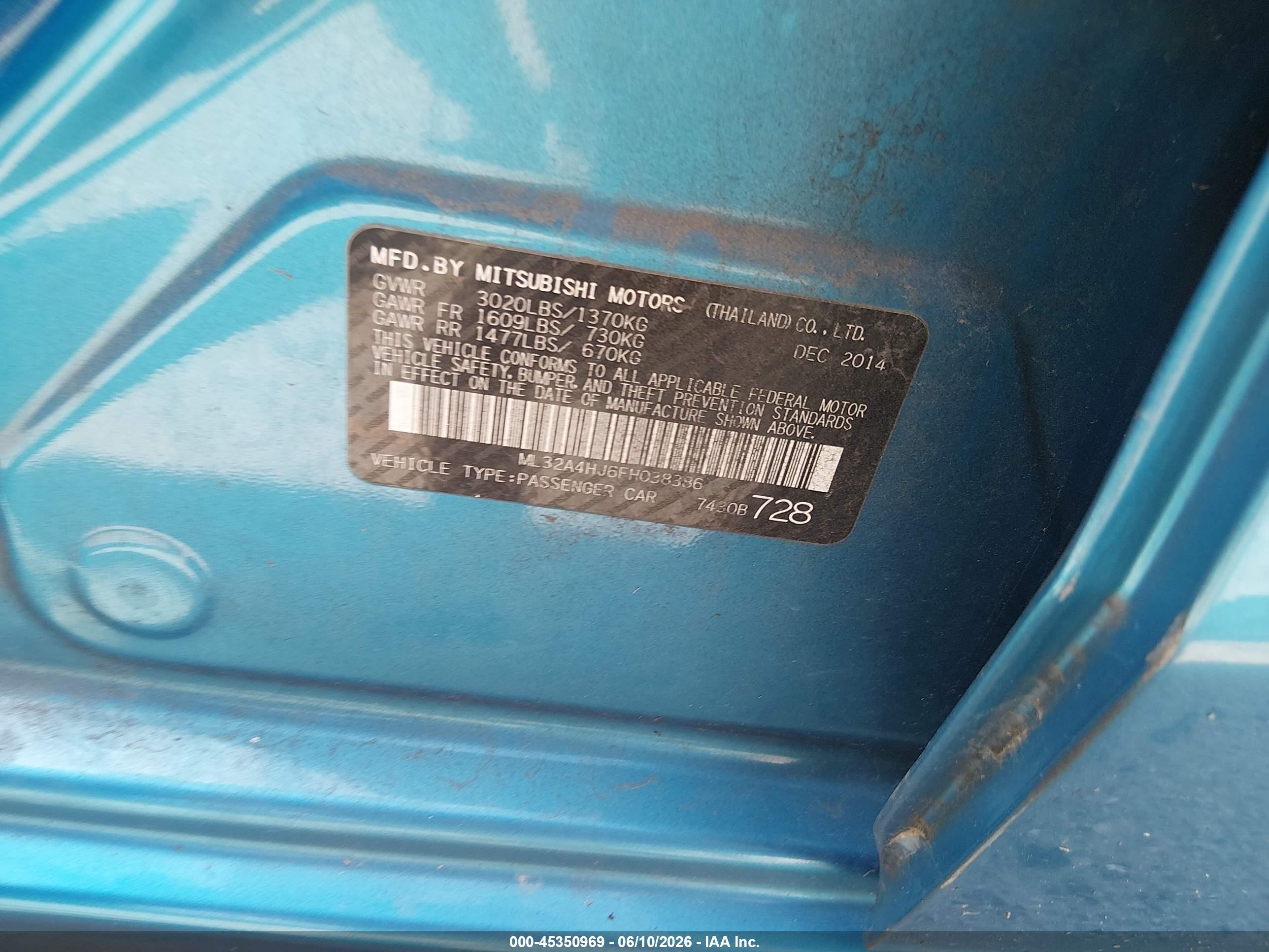 2015 Mitsubishi Mirage Es/rf Blue vin: ML32A4HJ6FH038386