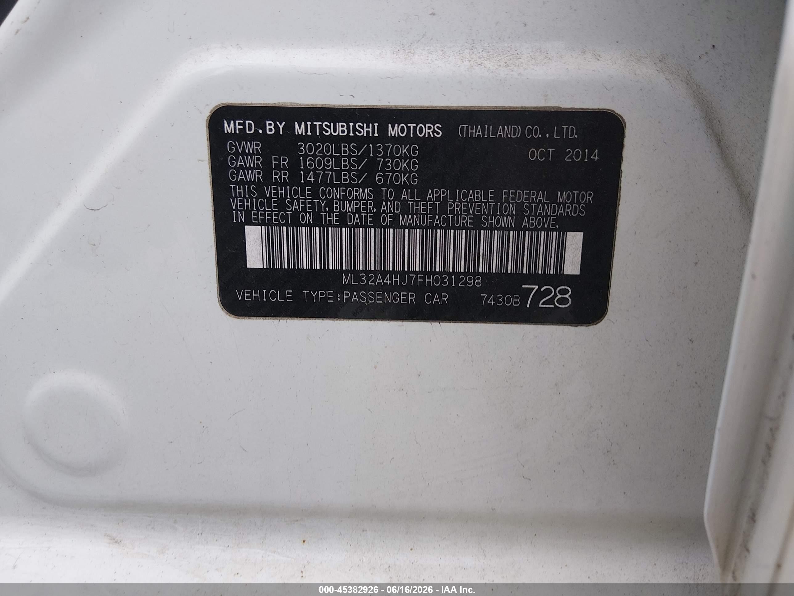2015 Mitsubishi Mirage Es White vin: ML32A4HJ7FH031298