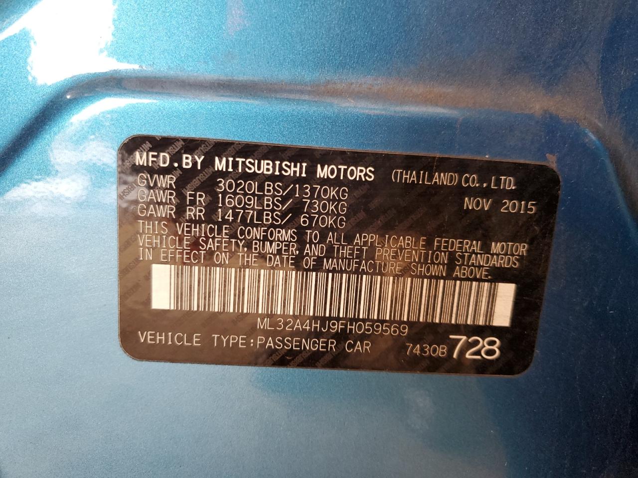 2015 Mitsubishi Mirage Es Blue vin: ML32A4HJ9FH059569