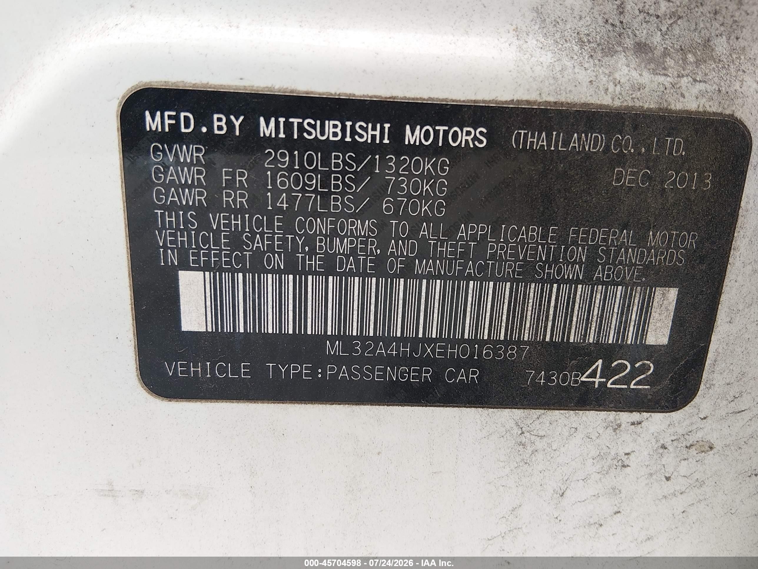 2014 Mitsubishi Mirage Es White vin: ML32A4HJXEH016387