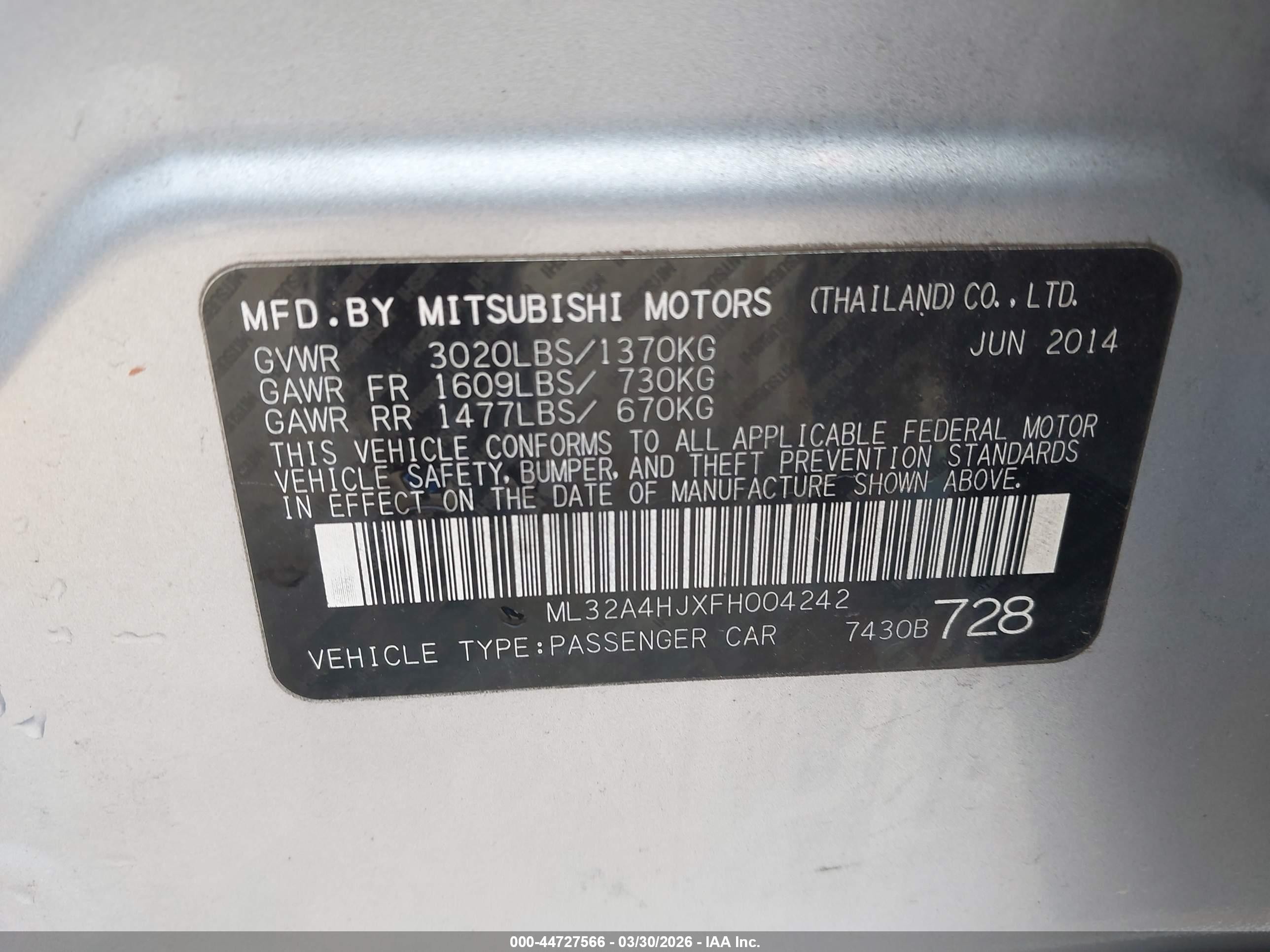 2015 Mitsubishi Mirage Es Silver vin: ML32A4HJXFH004242