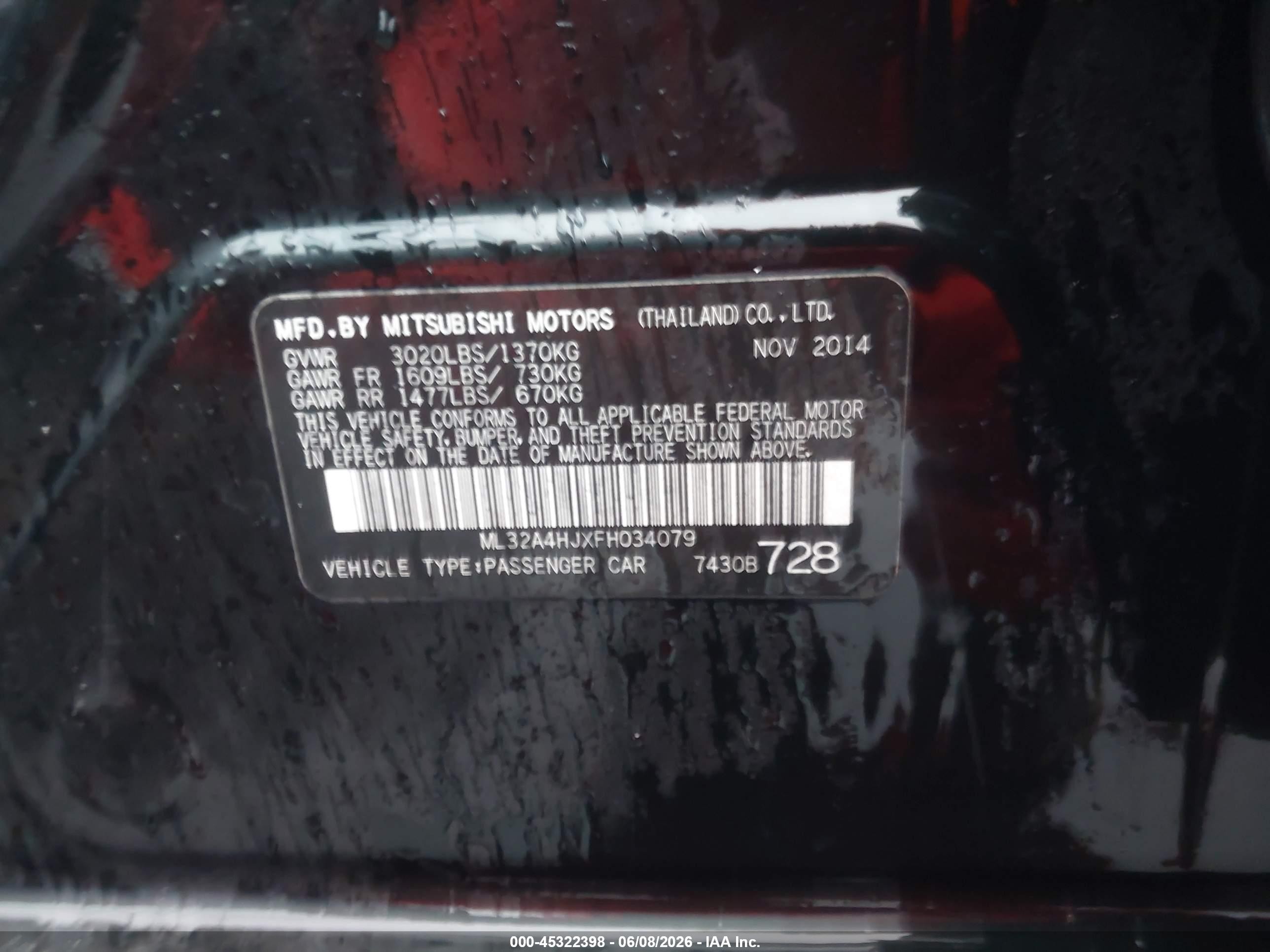 2015 Mitsubishi Mirage Es Black vin: ML32A4HJXFH034079