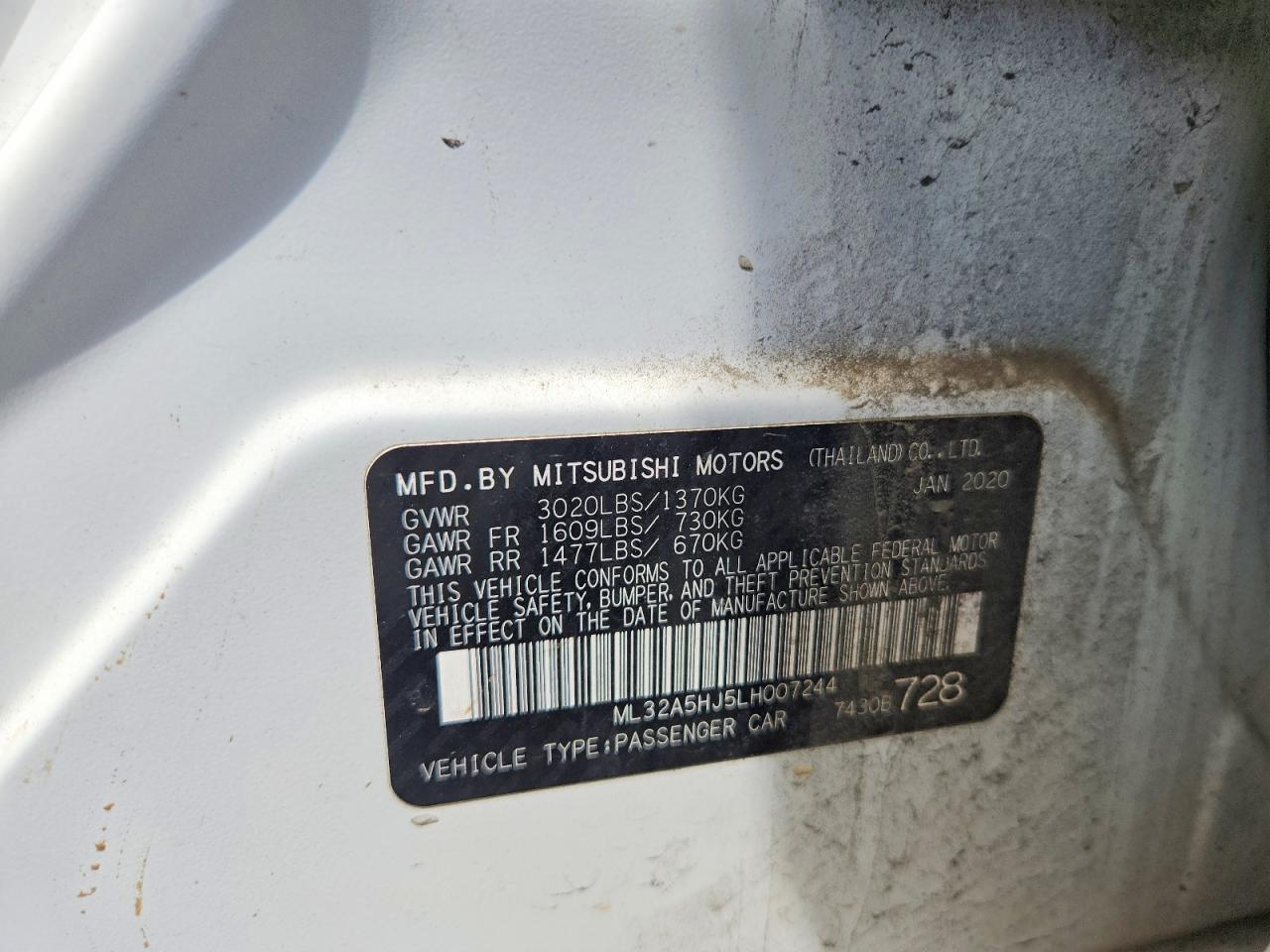 2020 Mitsubishi Mirage Le White vin: ML32A5HJ5LH007244