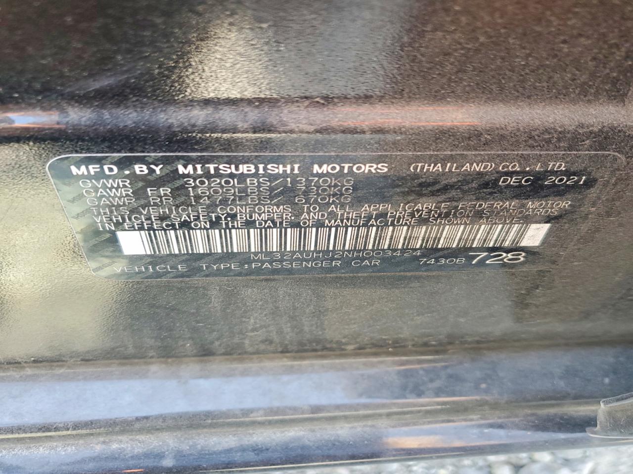 2022 Mitsubishi Mirage Es Black vin: ML32AUHJ2NH003424