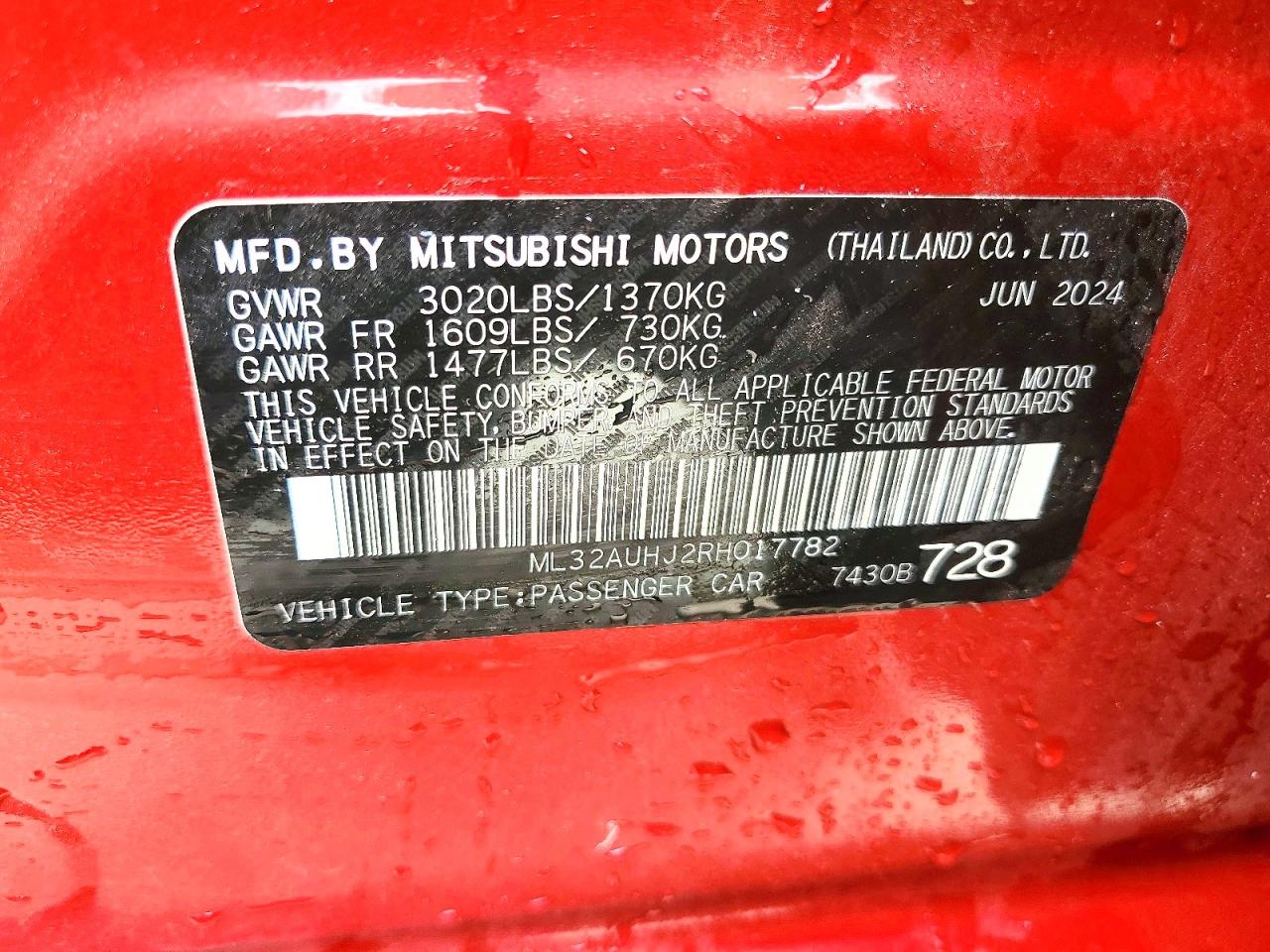 2024 Mitsubishi Mirage Es Red vin: ML32AUHJ2RH017782