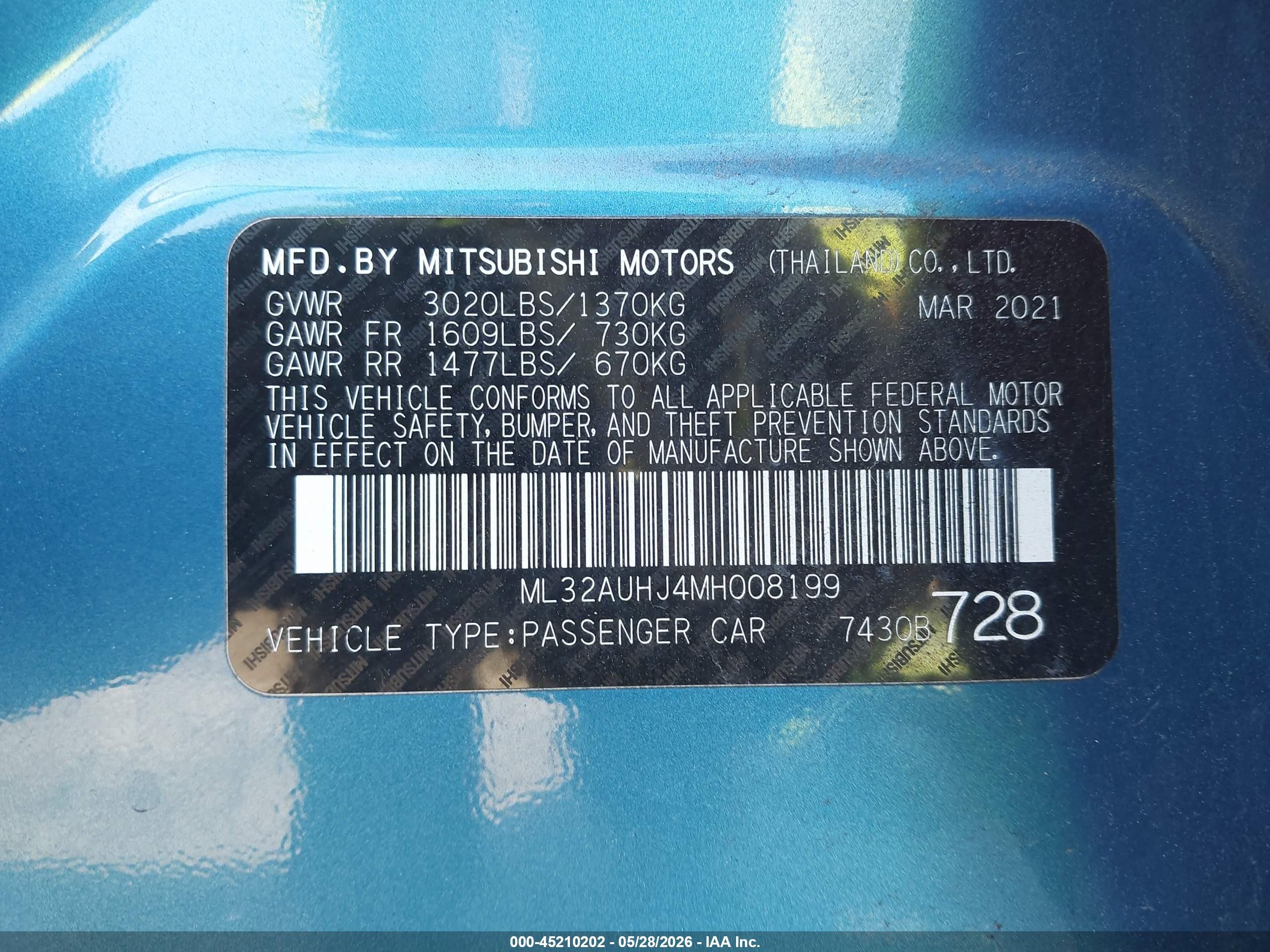 2021 Mitsubishi Mirage Carbonite Edition/es/le Blue vin: ML32AUHJ4MH008199