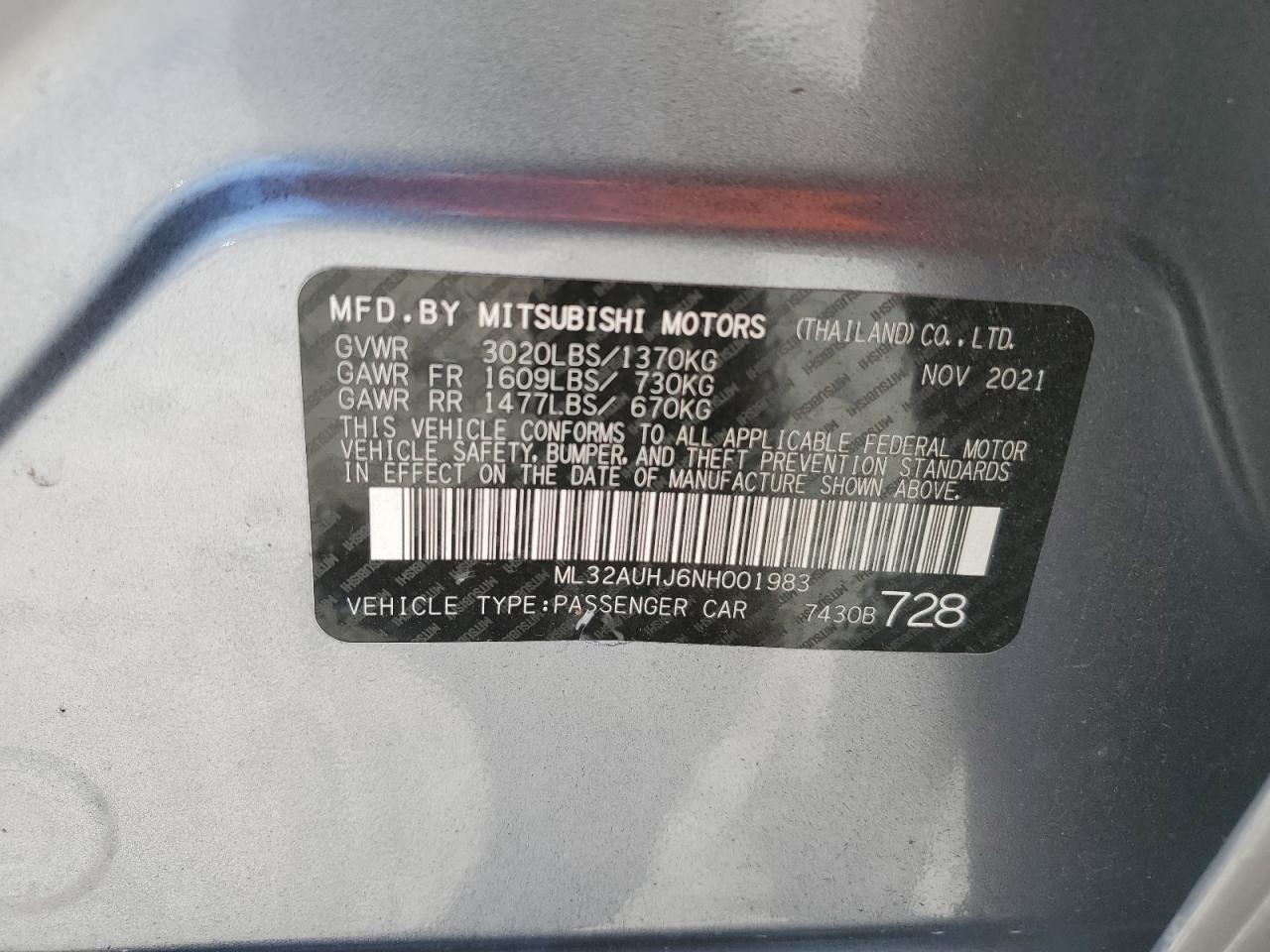 2022 Mitsubishi Mirage Es Silver vin: ML32AUHJ6NH001983