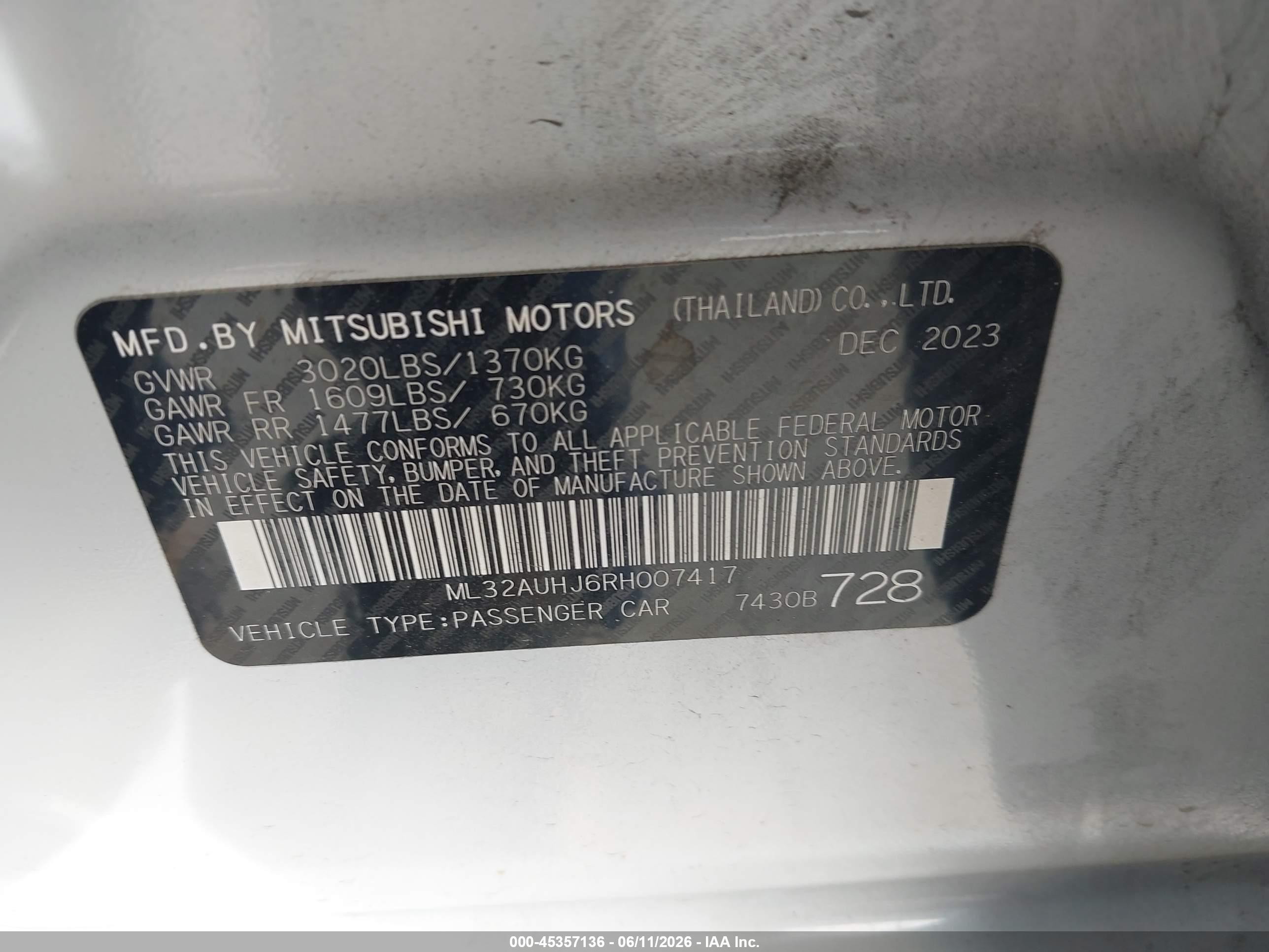 2024 Mitsubishi Mirage Es/le Silver vin: ML32AUHJ6RH007417