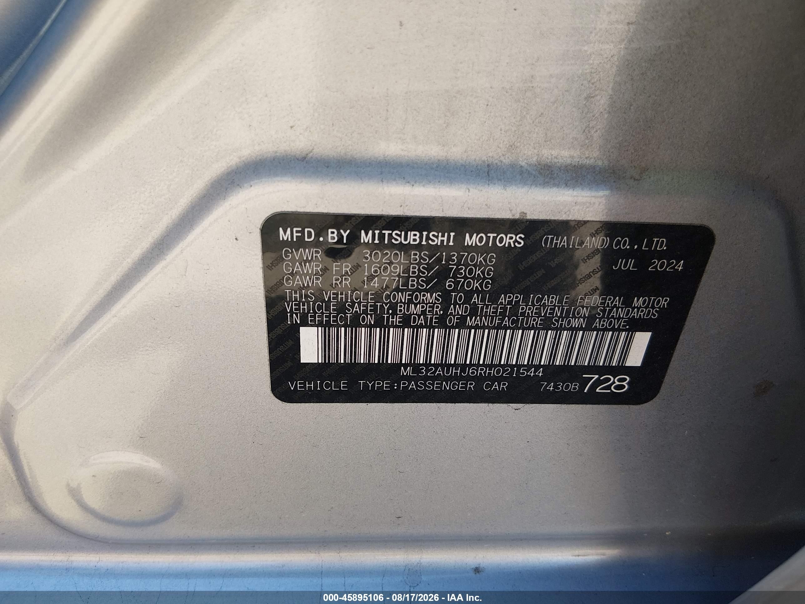 2024 Mitsubishi Mirage Es/le Silver vin: ML32AUHJ6RH021544
