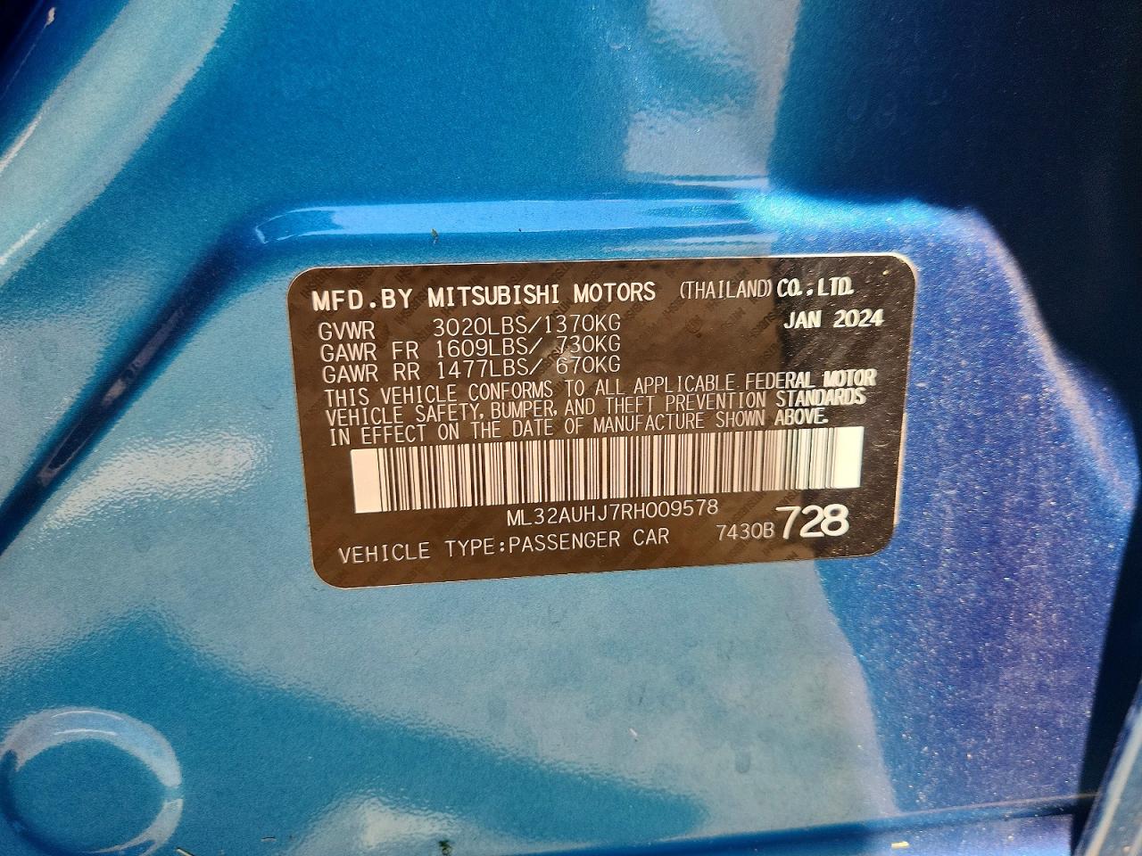 2024 Mitsubishi Mirage Es Blue vin: ML32AUHJ7RH009578