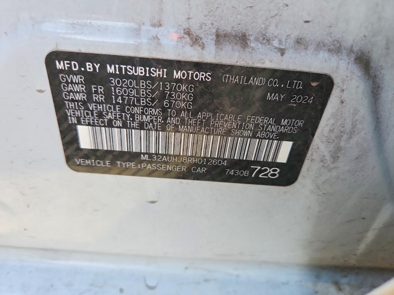 2024 Mitsubishi Mirage Es White vin: ML32AUHJ8RH012604