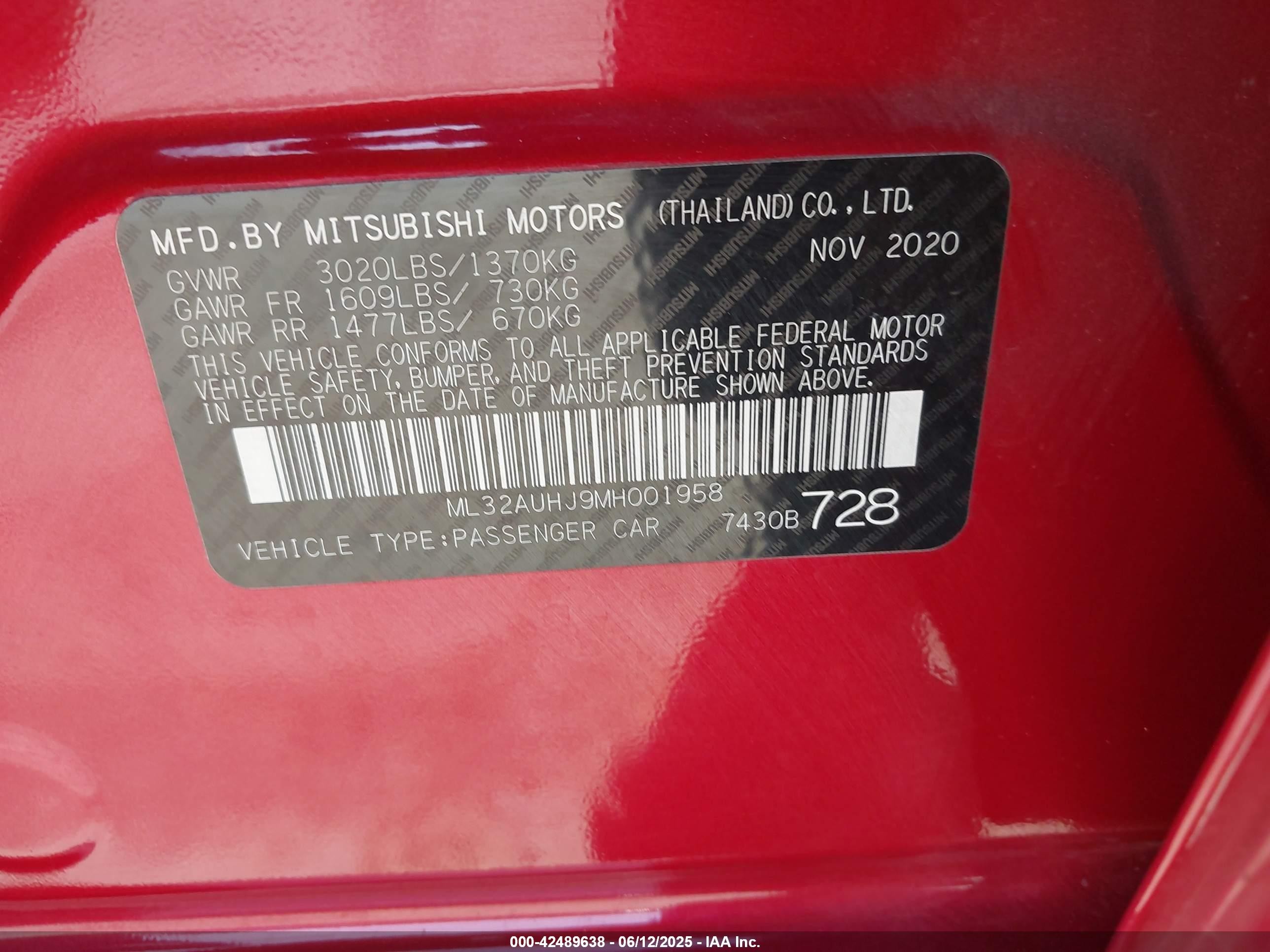 2021 Mitsubishi Mirage Carbonite Edition/es/le Red vin: ML32AUHJ9MH001958