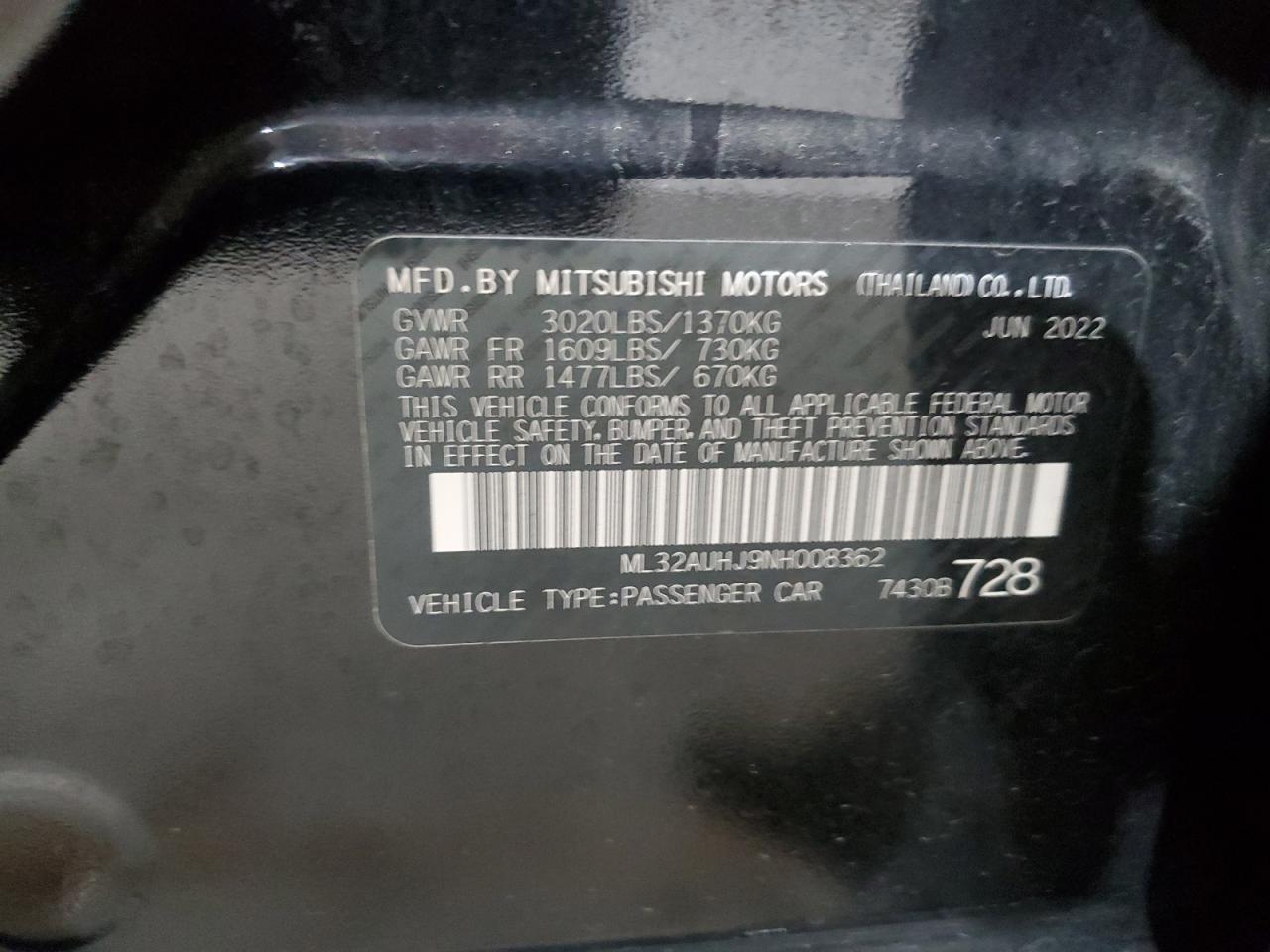 2022 Mitsubishi Mirage Es Черный vin: ML32AUHJ9NH008362
