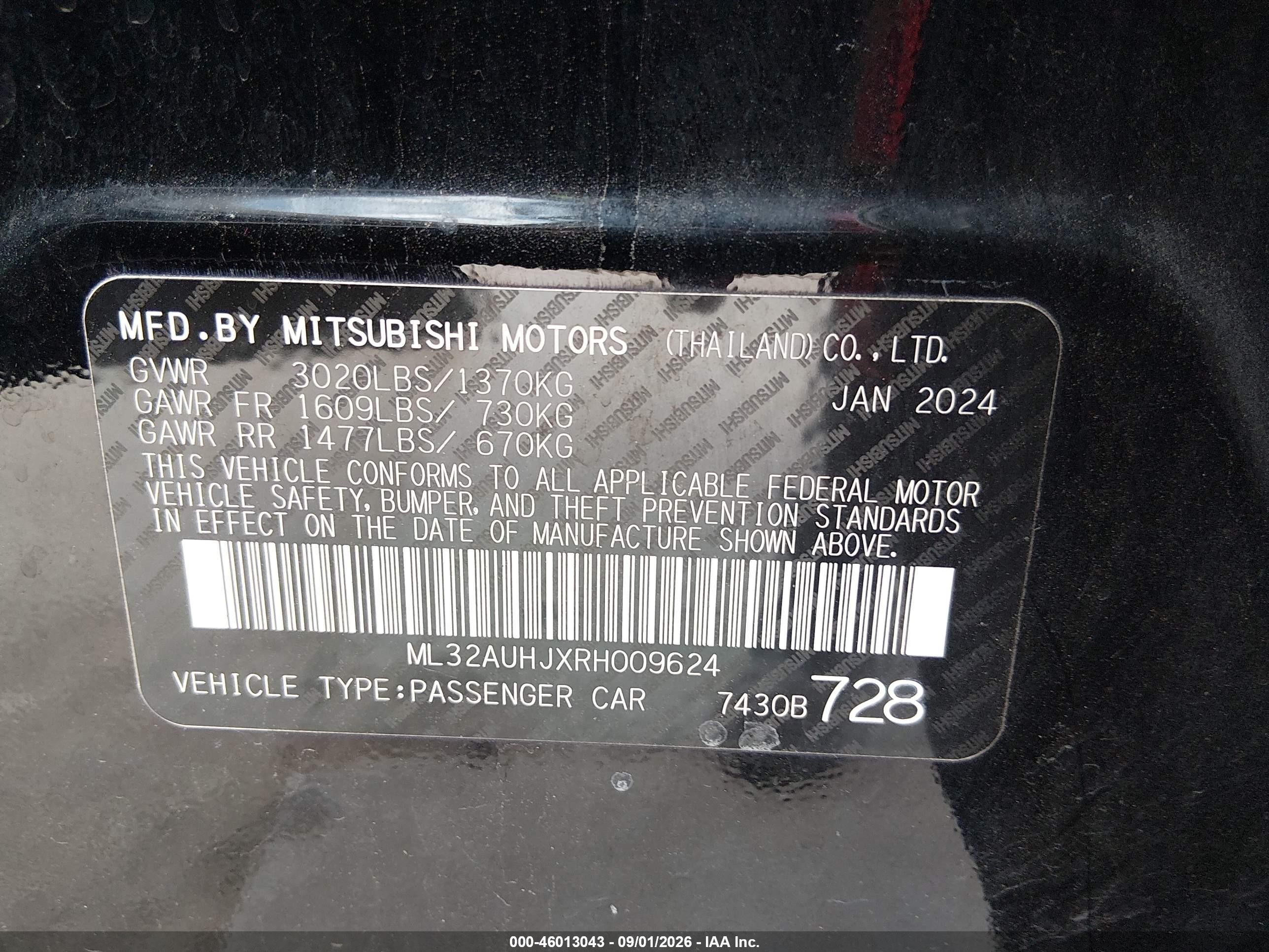 2024 Mitsubishi Mirage Es/le Black vin: ML32AUHJXRH009624