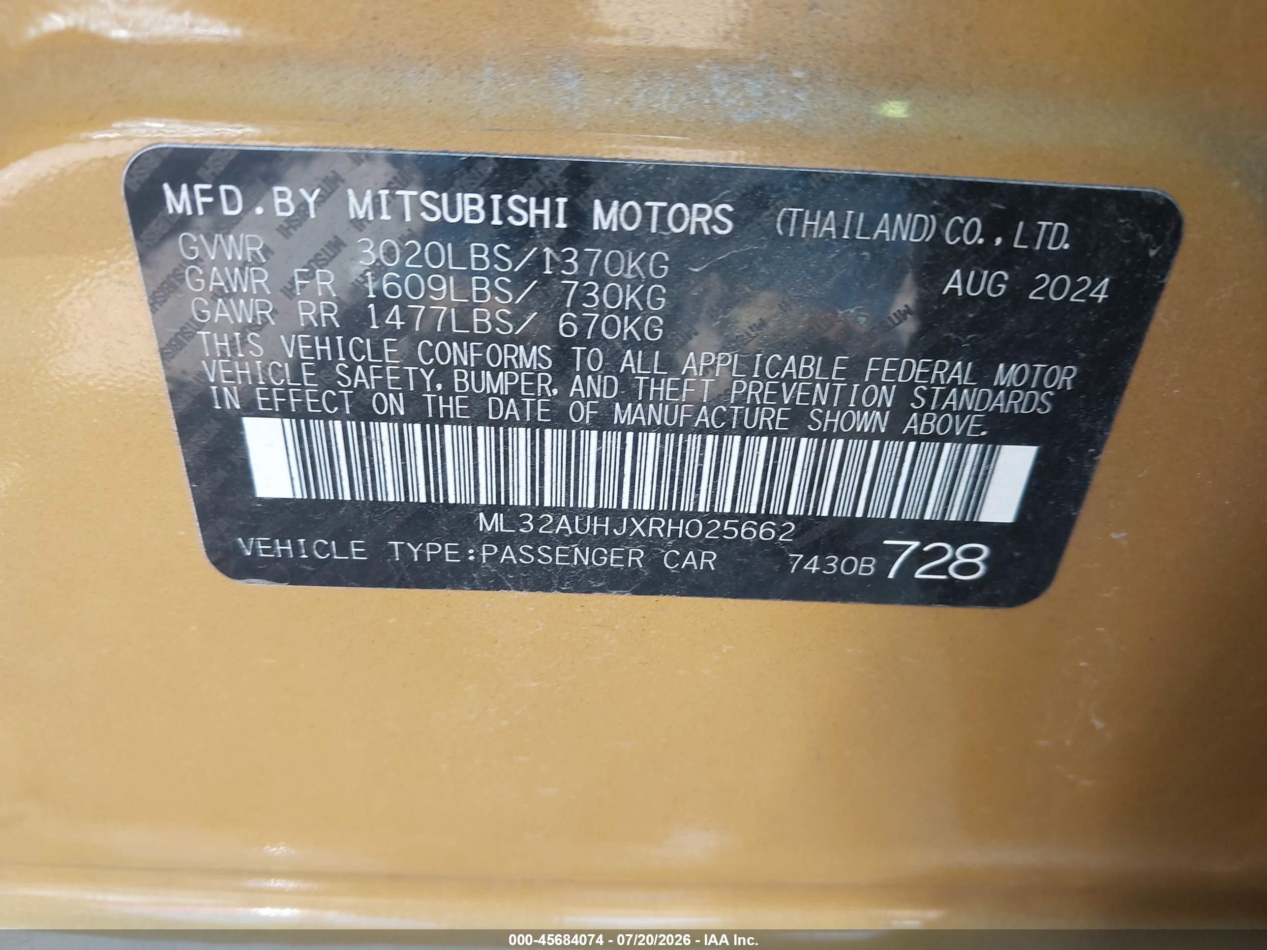 2024 Mitsubishi Mirage Es/le Gold vin: ML32AUHJXRH025662