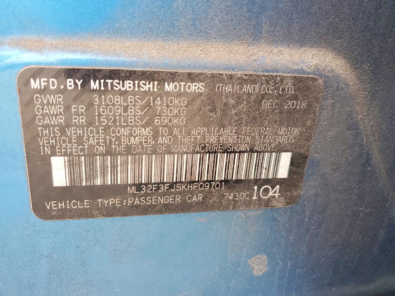 2019 Mitsubishi Mirage G4 Es Blue vin: ML32F3FJ5KHF09701