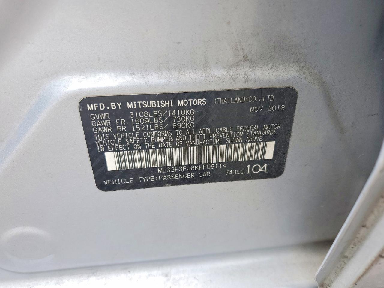 2019 Mitsubishi Mirage G4 Es Серебряный vin: ML32F3FJ8KHF06114