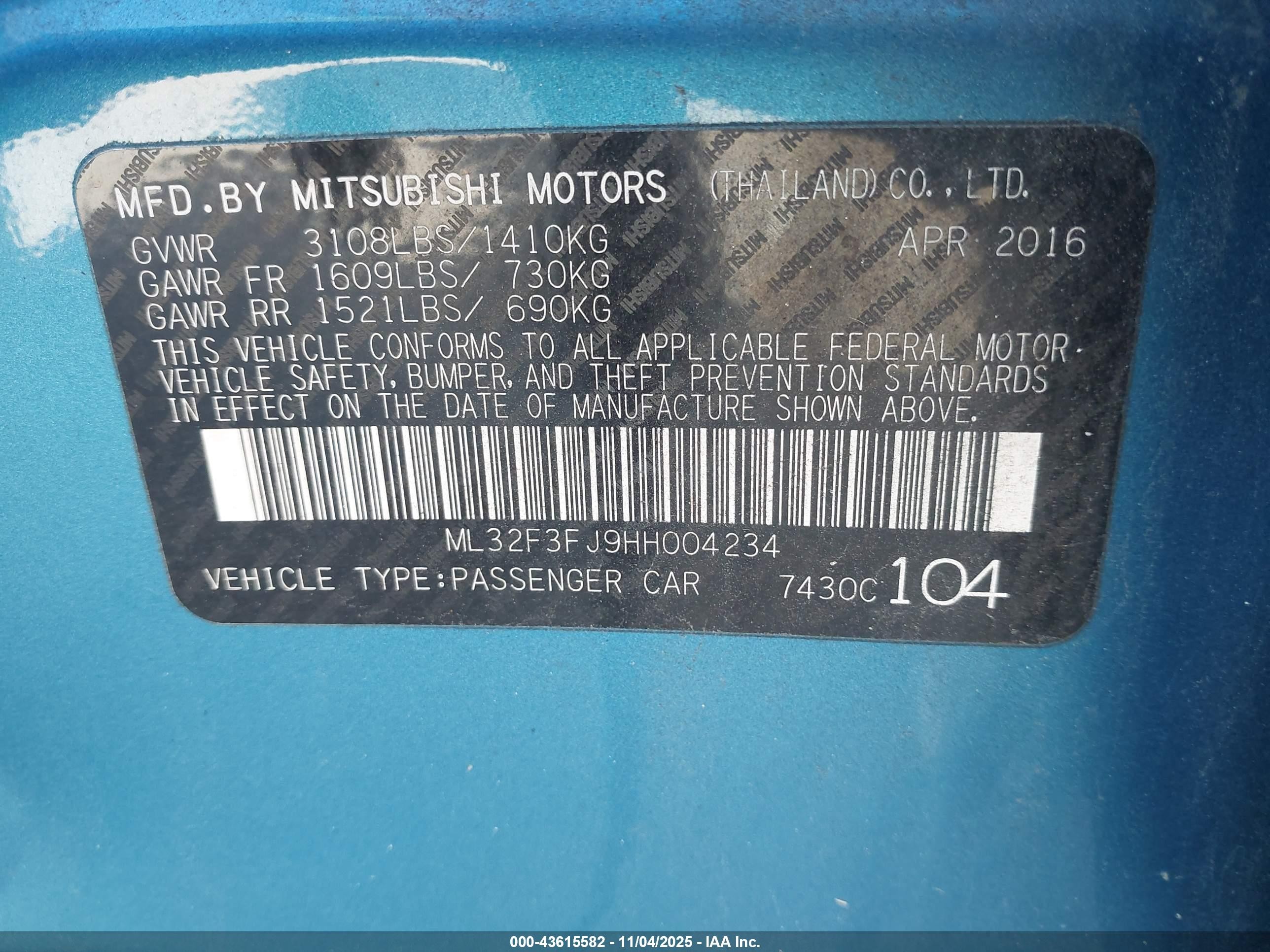 2017 Mitsubishi Mirage G4 Es Blue vin: ML32F3FJ9HH004234