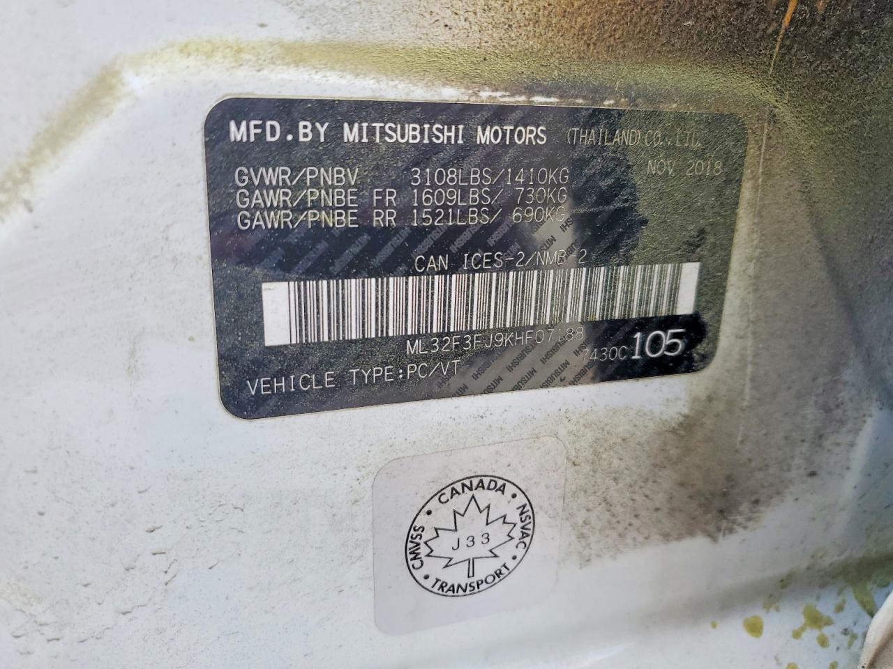 2019 Mitsubishi Mirage G4 Es White vin: ML32F3FJ9KHF07188