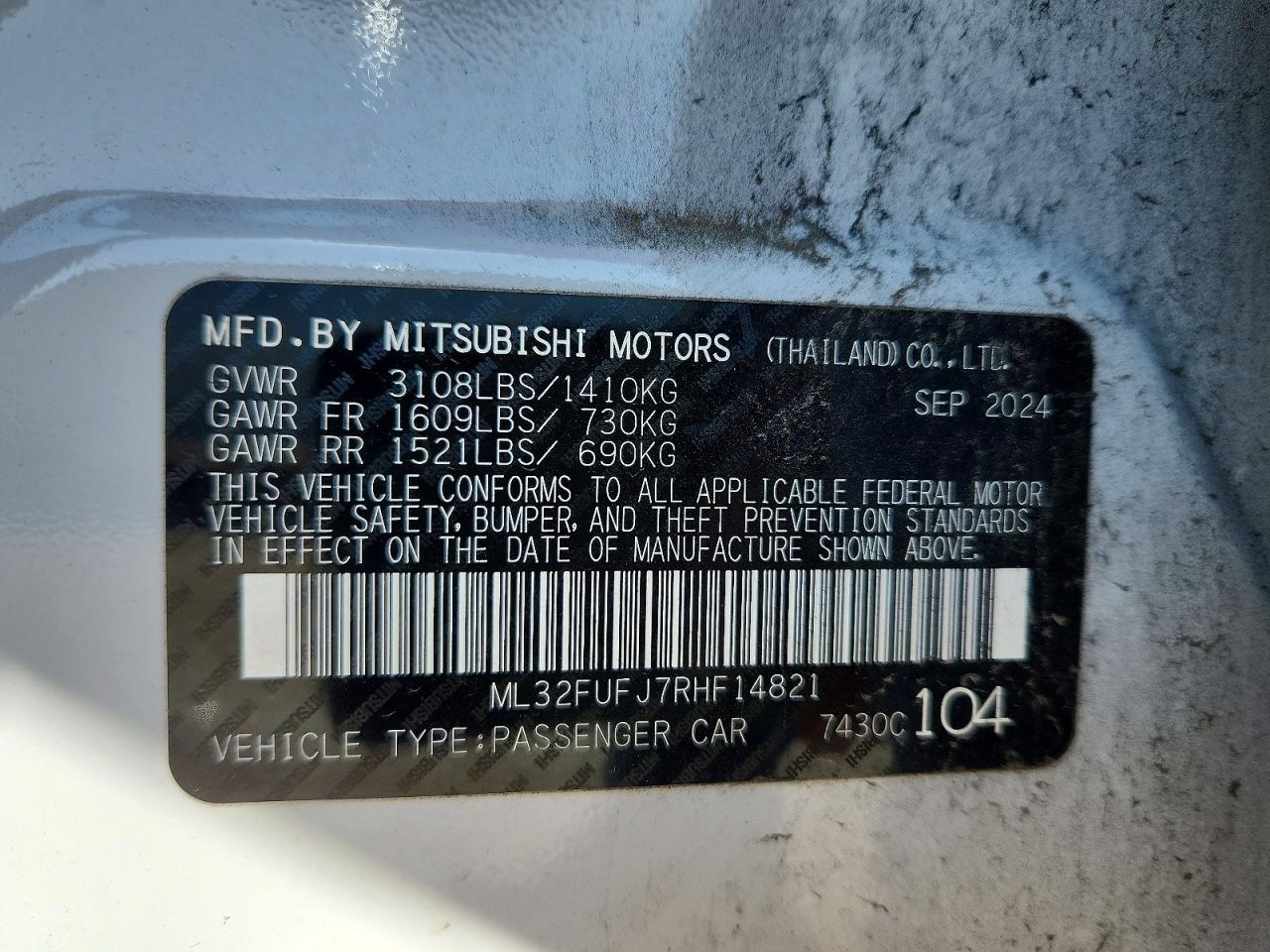 2024 Mitsubishi Mirage G4 Es White vin: ML32FUFJ7RHF14821
