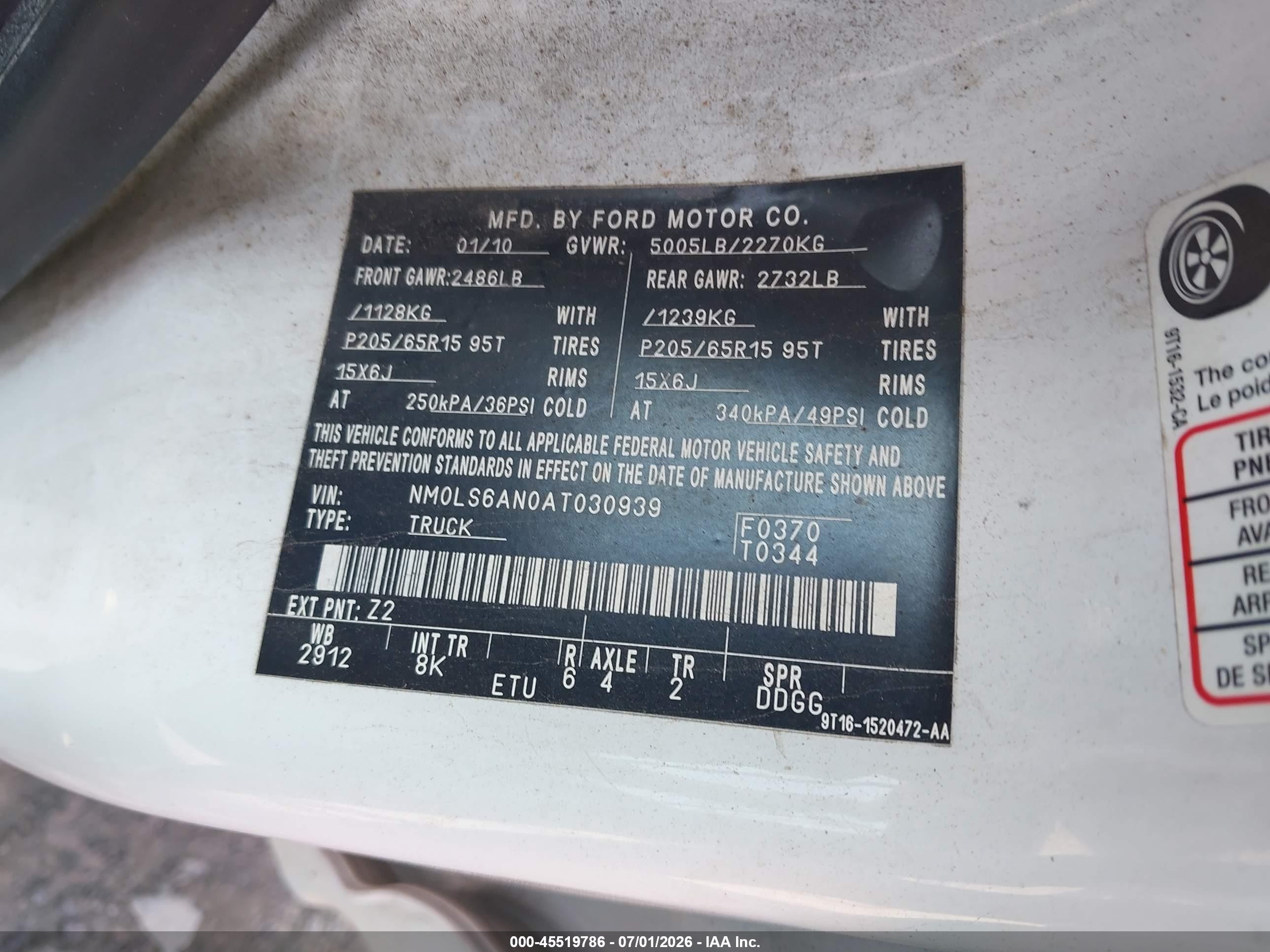 2010 Ford Transit Connect Xl White vin: NM0LS6AN0AT030939