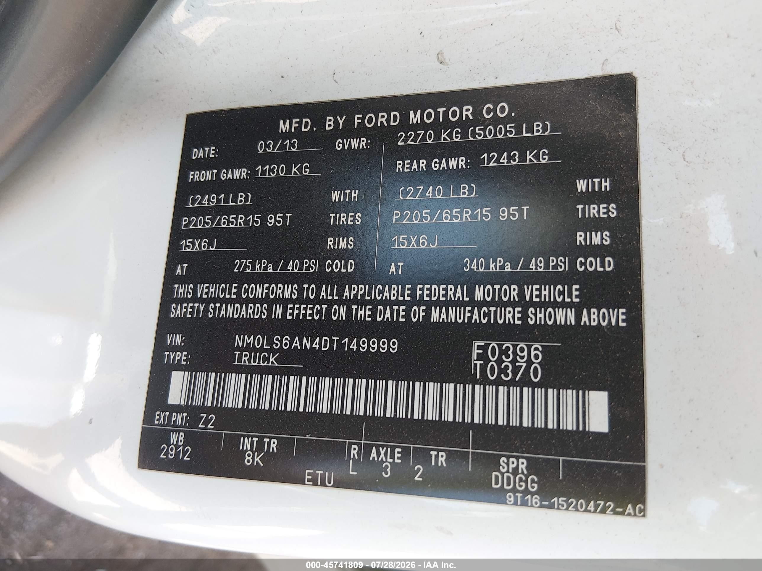 2013 Ford Transit Connect Xl White vin: NM0LS6AN4DT149999