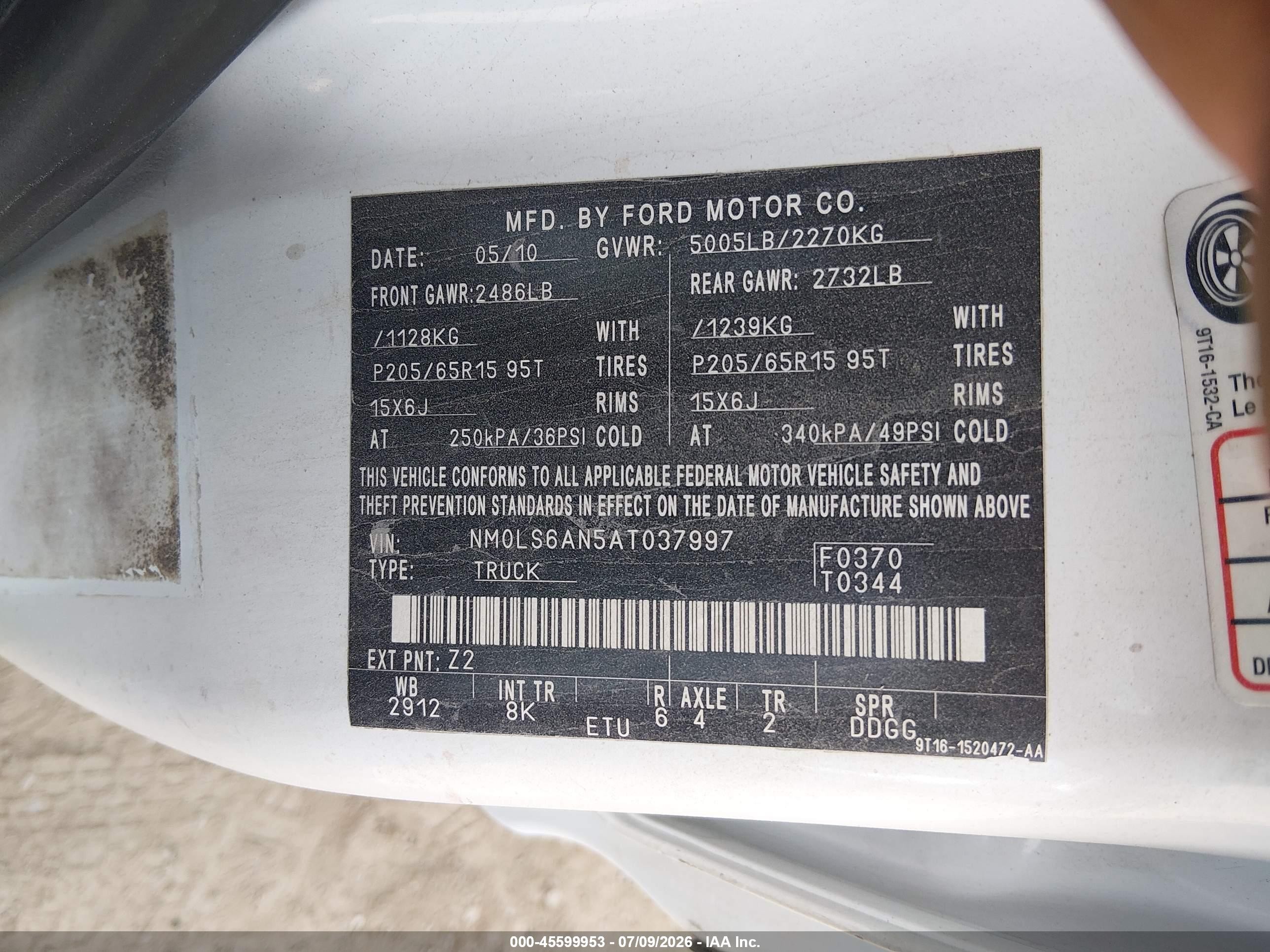 2010 Ford Transit Connect Xl White vin: NM0LS6AN5AT037997